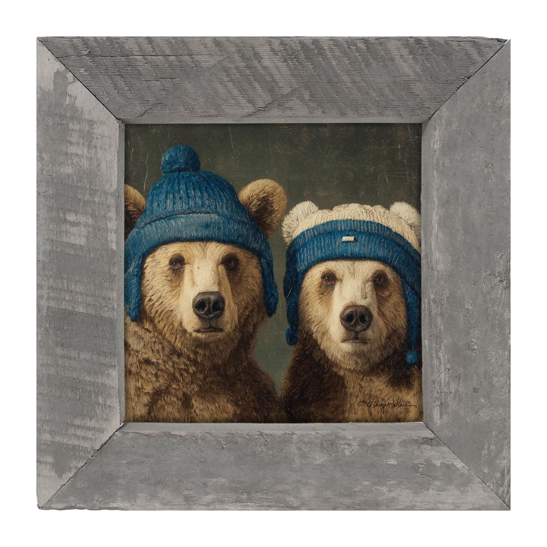 Knitted Blue Hat Bears - Framed Art