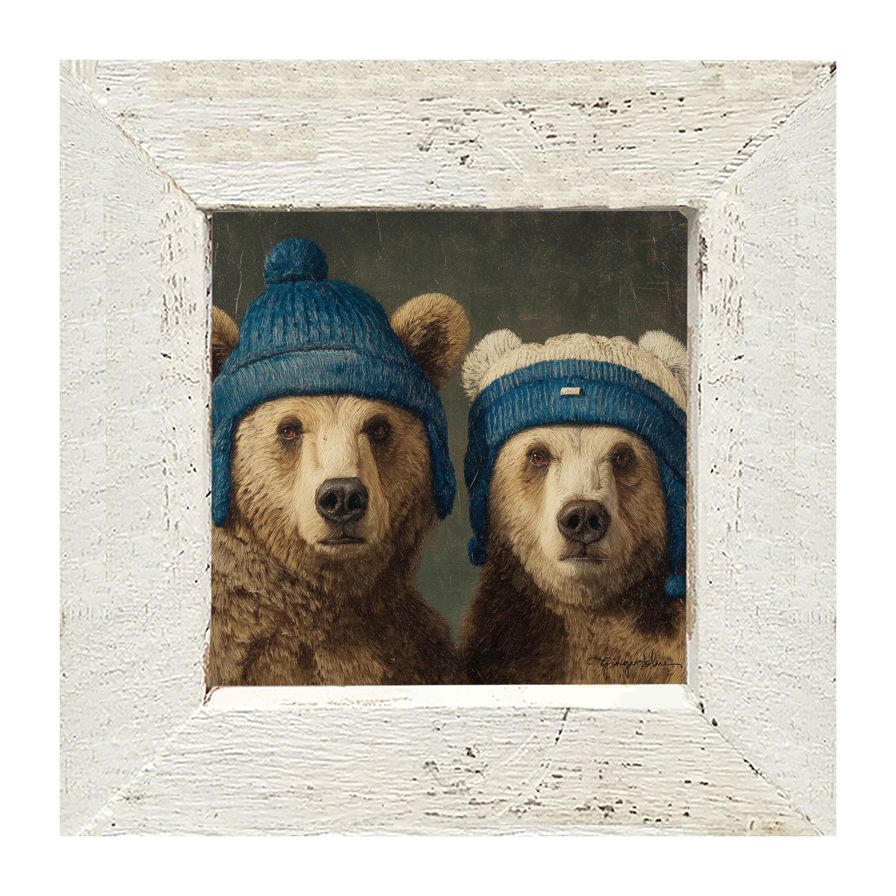 Knitted Blue Hat Bears - Framed Art