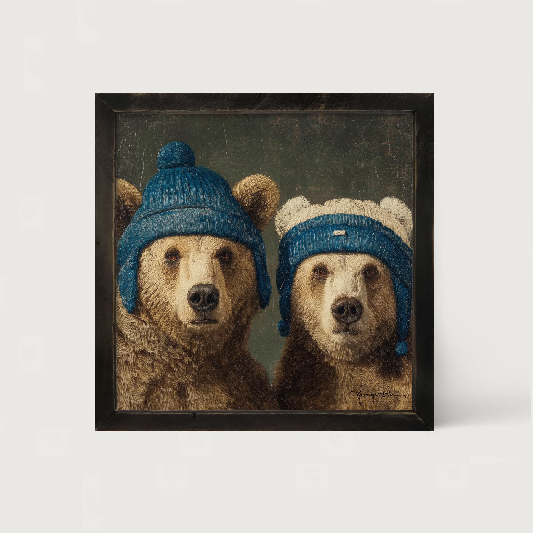 Knitted Blue Hat Bears - Framed Art