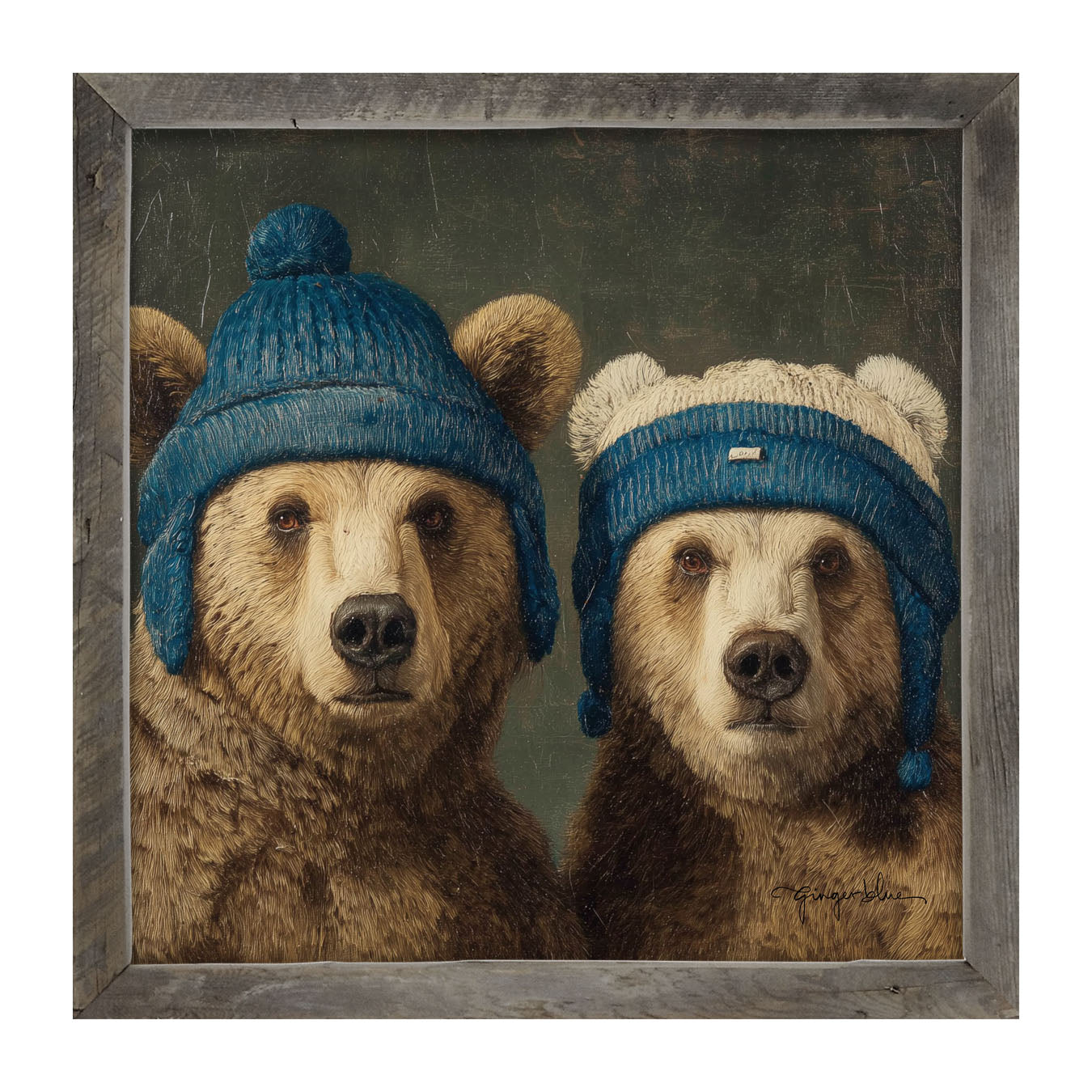 Knitted Blue Hat Bears - Framed Art