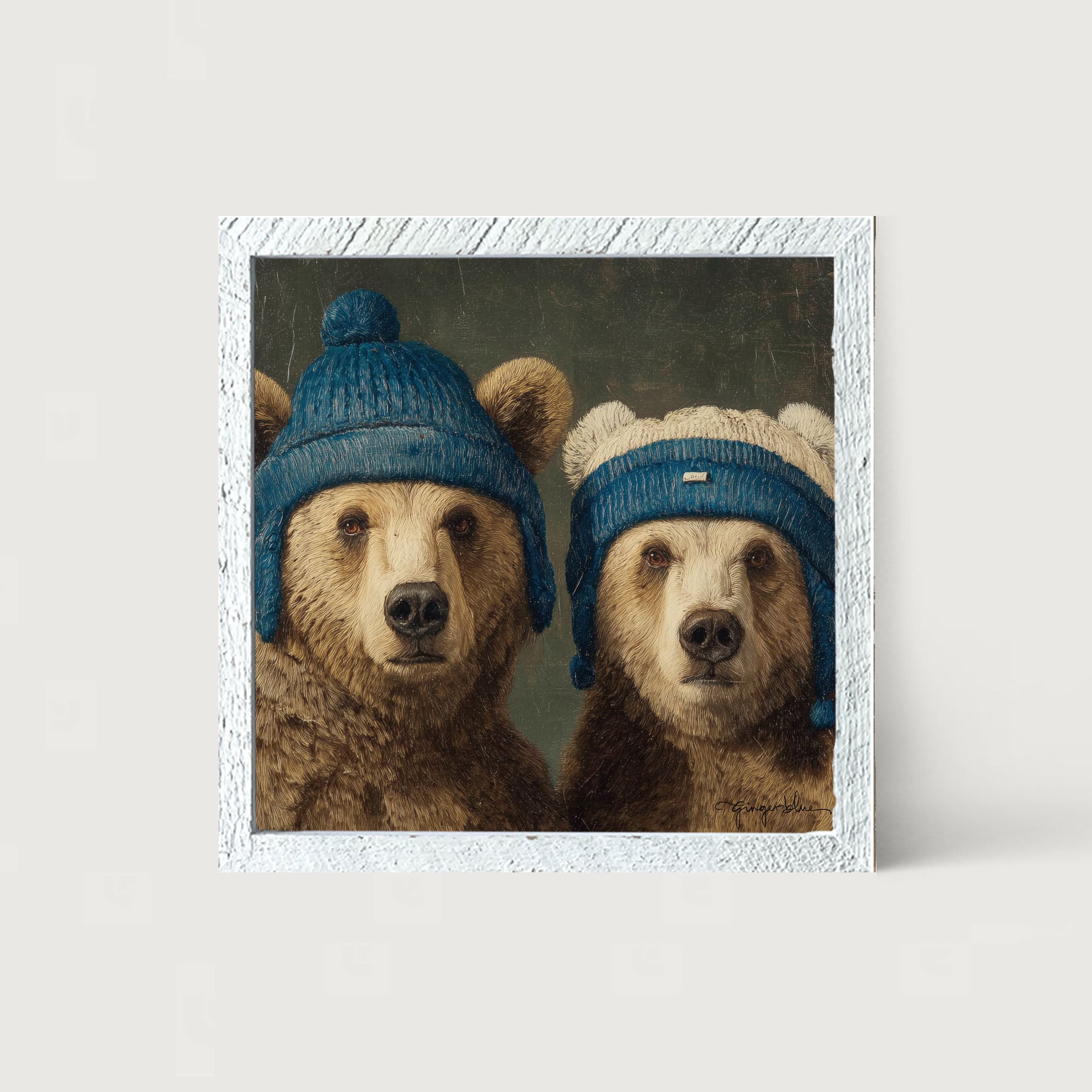 Knitted Blue Hat Bears - Framed Art