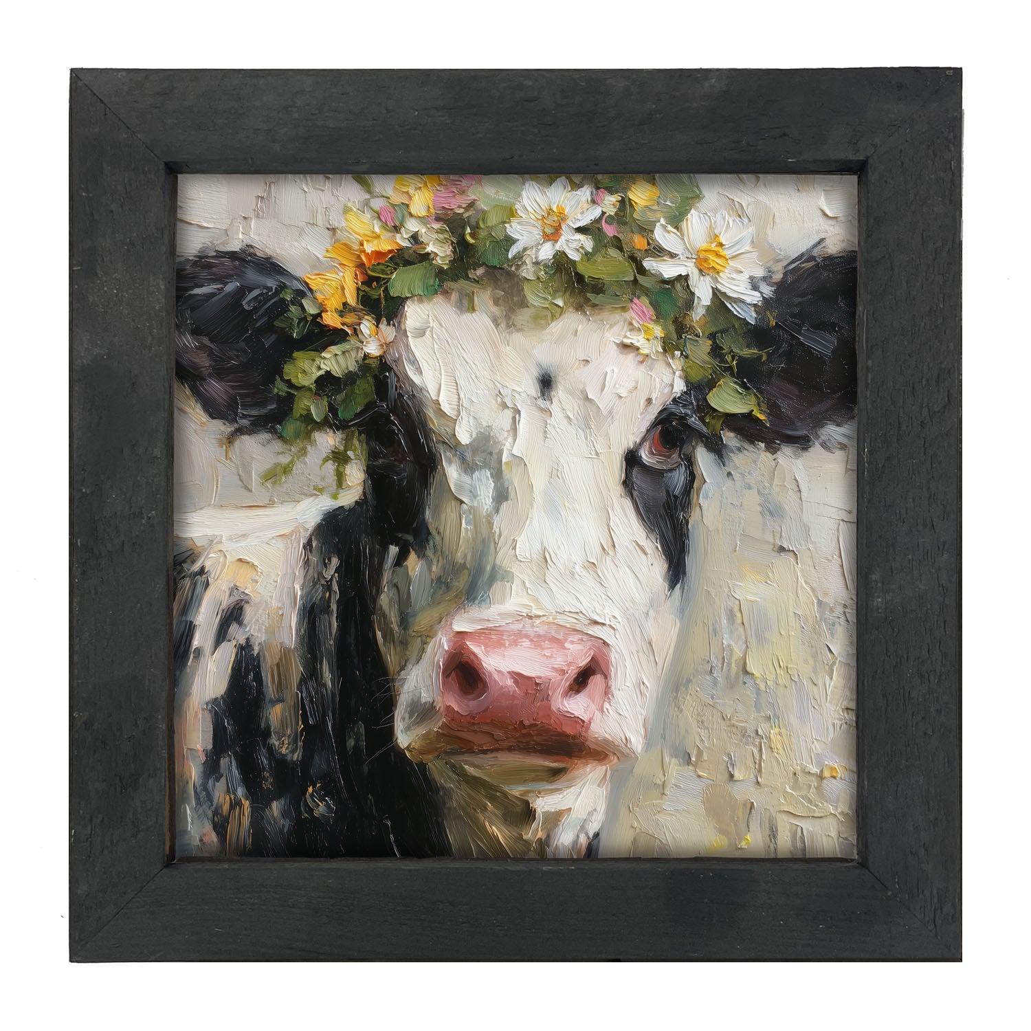 Spring Season Cow with Floral Crown - Framed Art