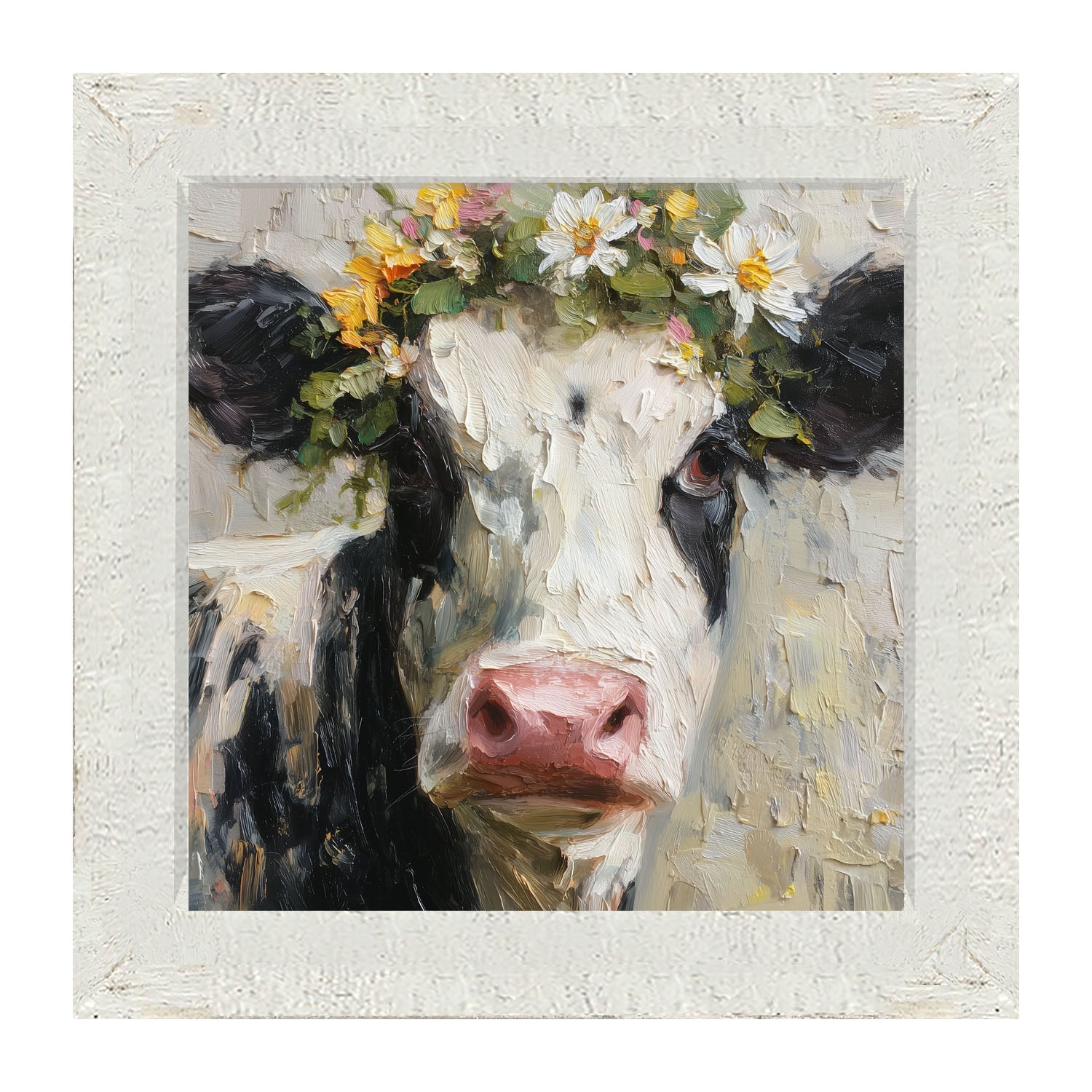 Spring Season Cow with Floral Crown - Framed Art