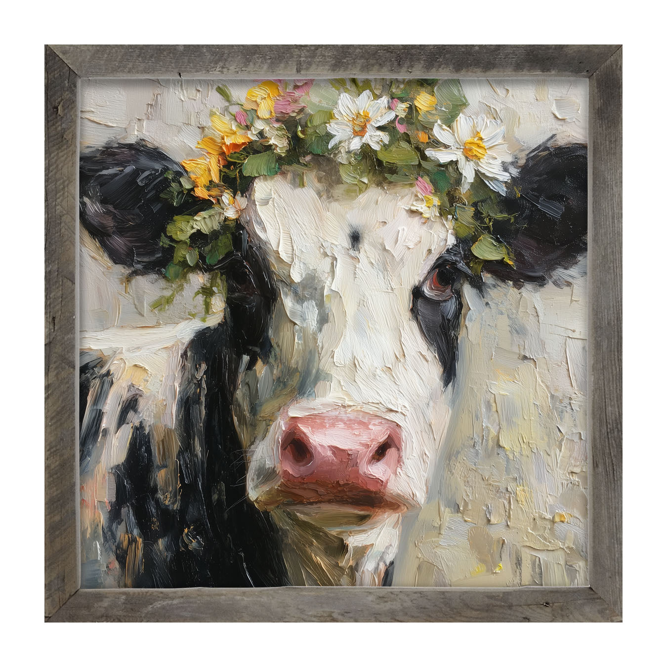 Spring Season Cow with Floral Crown - Framed Art