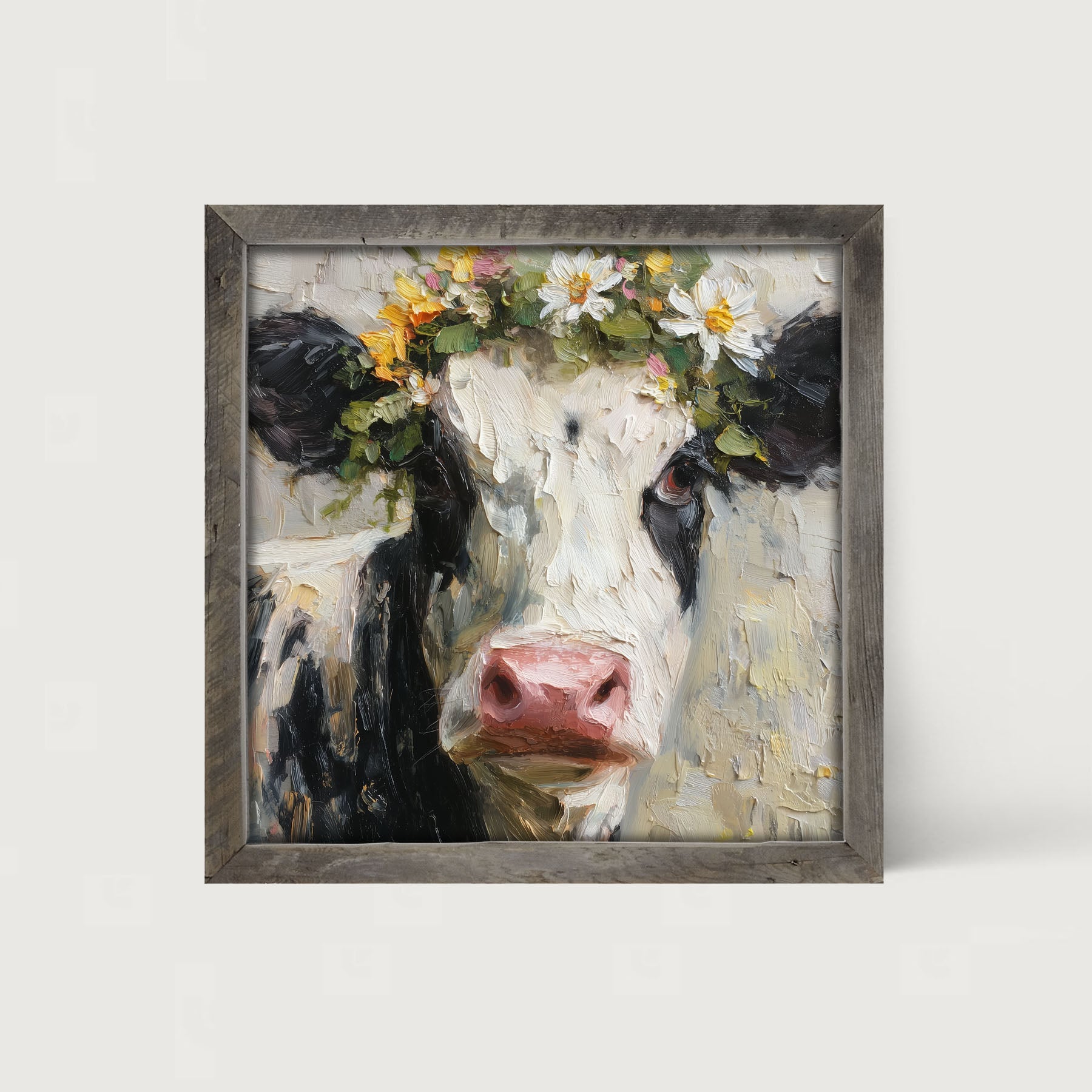 Spring Season Cow with Floral Crown - Framed Art