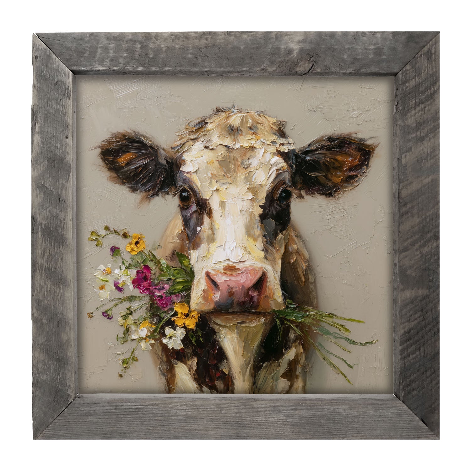Spring Season Cow Holding Flowers - Framed Art