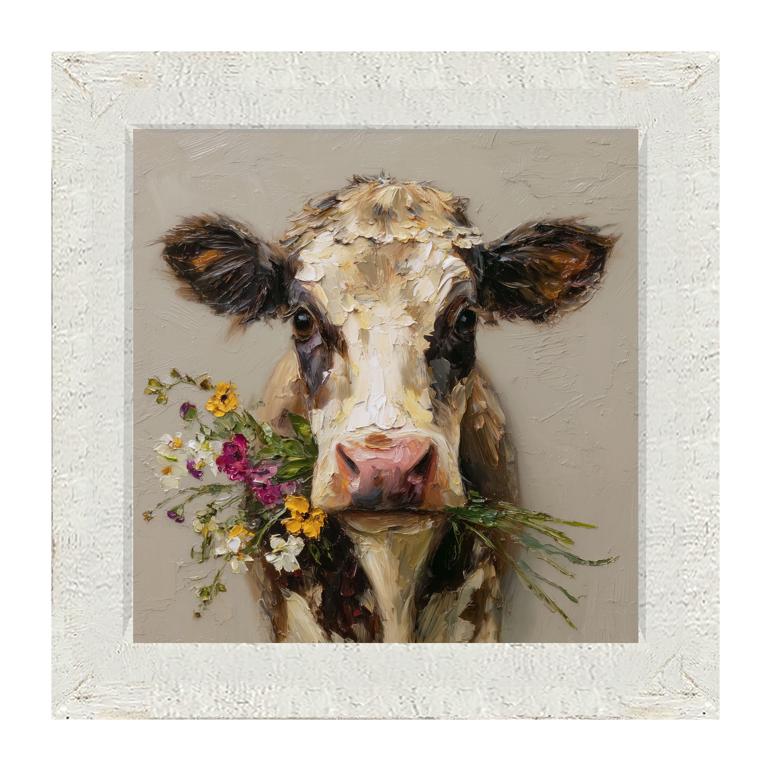 Spring Season Cow Holding Flowers - Framed Art