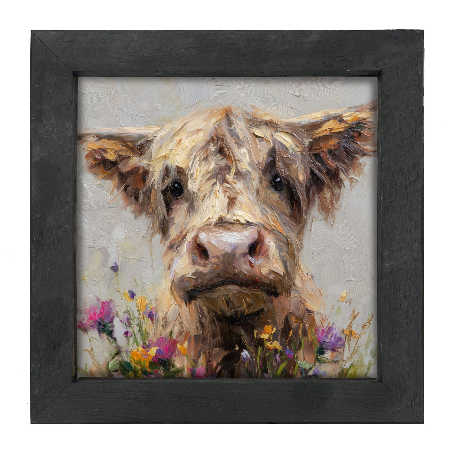 Spring Season Highland Cow with Flowers - Framed Art
