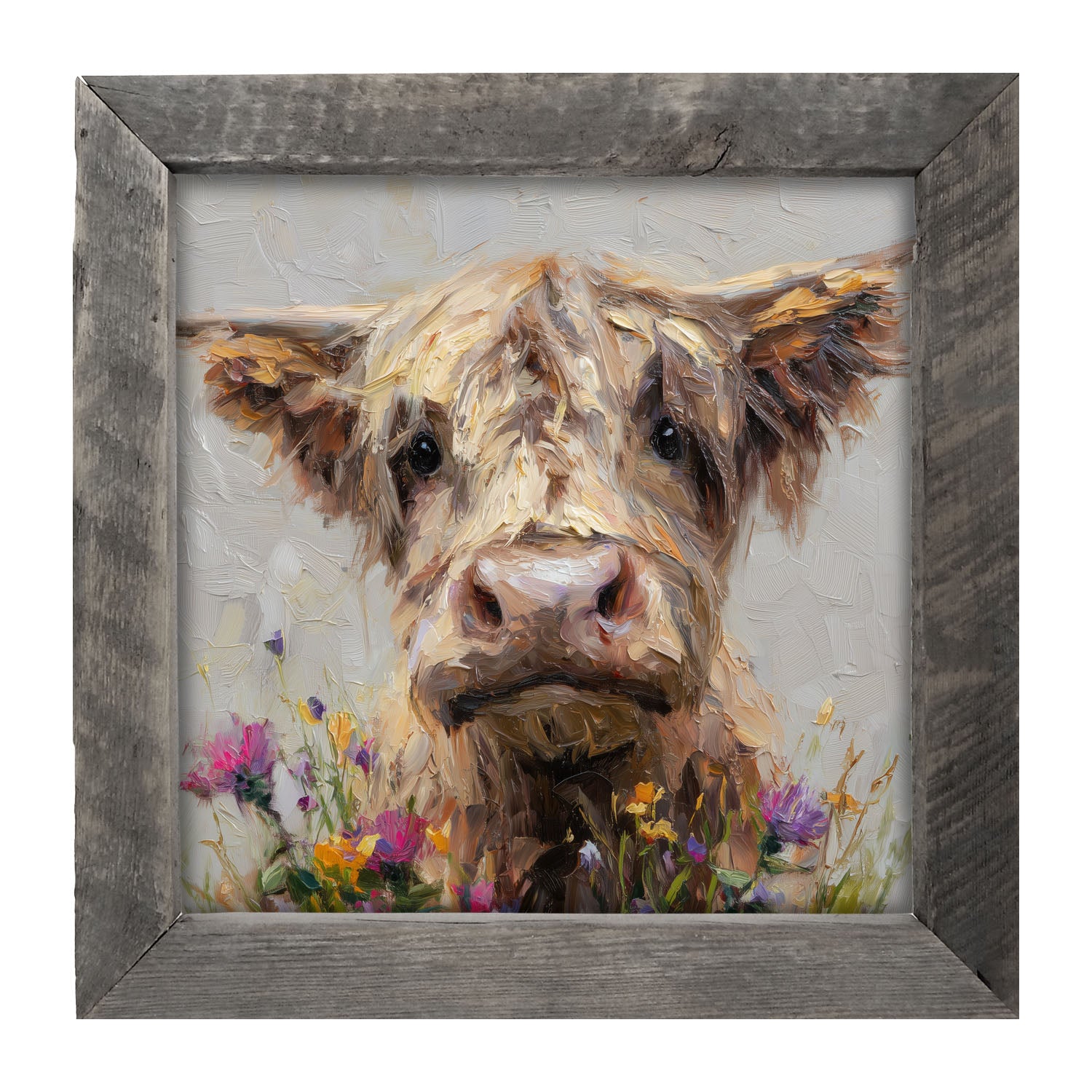 Spring Season Highland Cow with Flowers - Framed Art