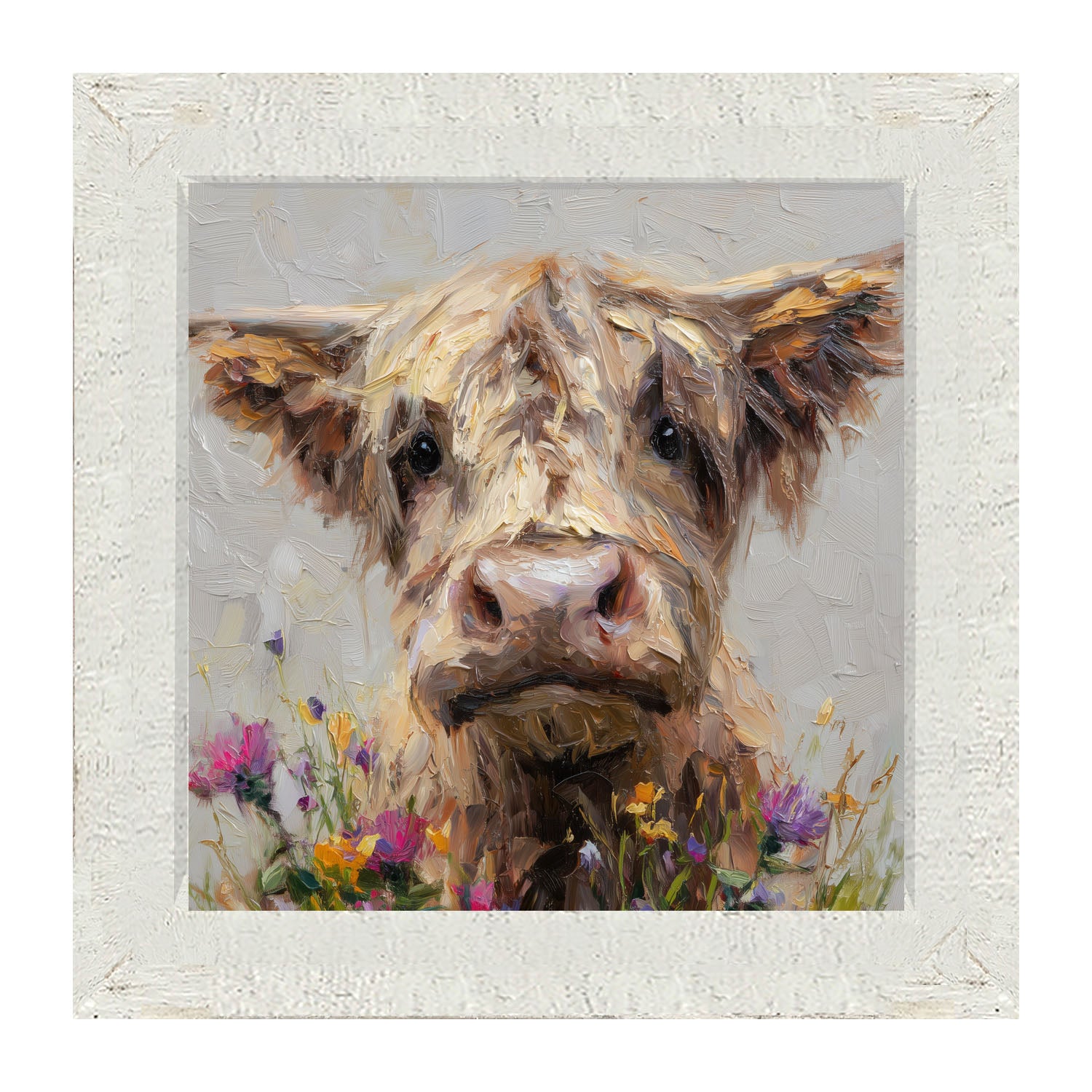 Spring Season Highland Cow with Flowers - Framed Art