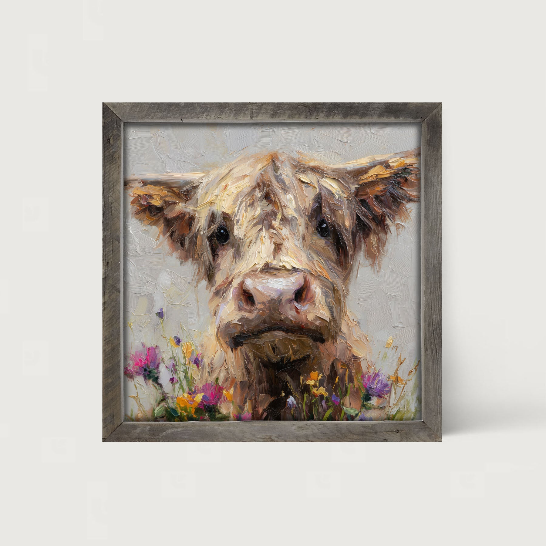 Spring Season Highland Cow with Flowers - Framed Art