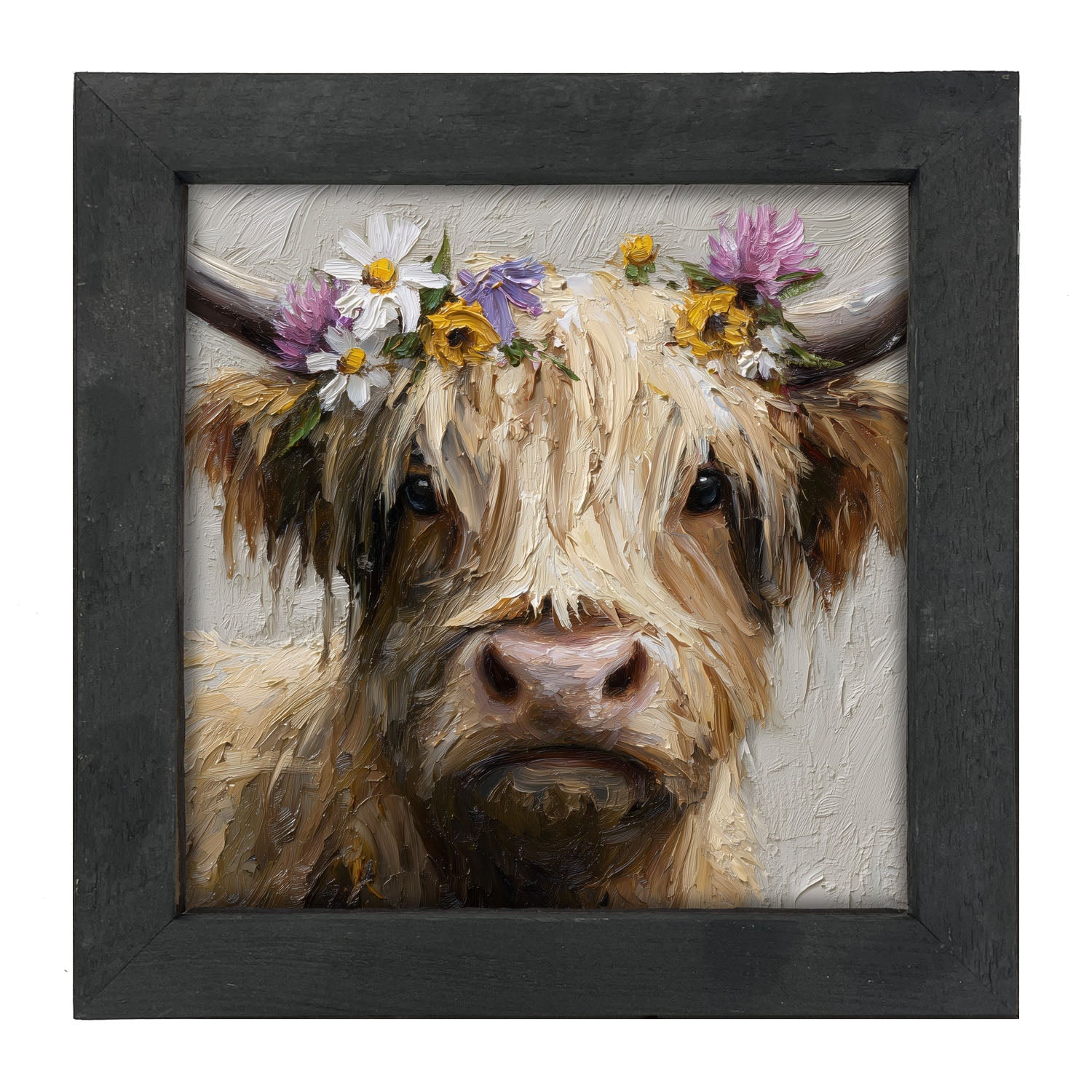 Spring Season Cow with Flowers in Hair - Framed Art