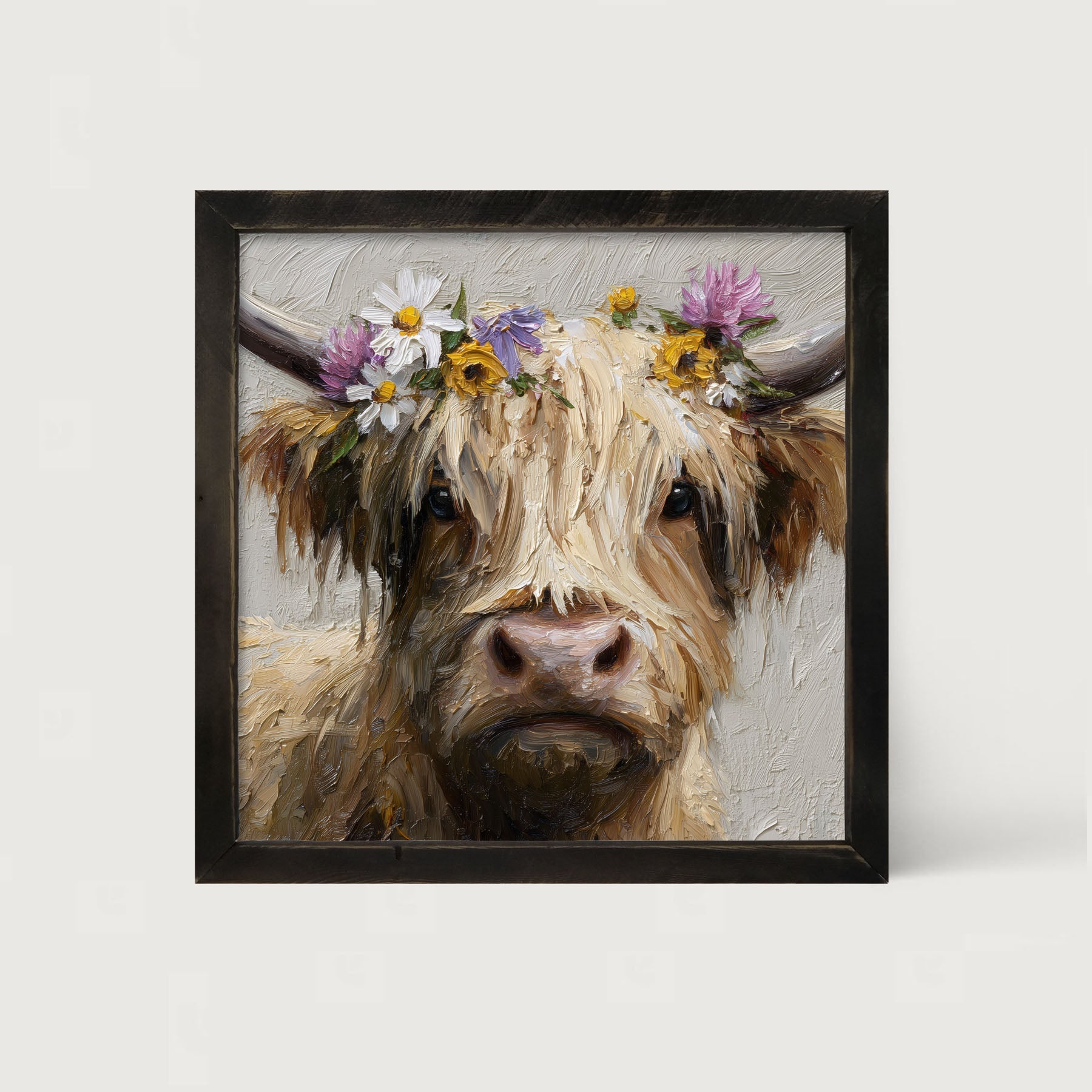 Spring Season Cow with Flowers in Hair - Framed Art