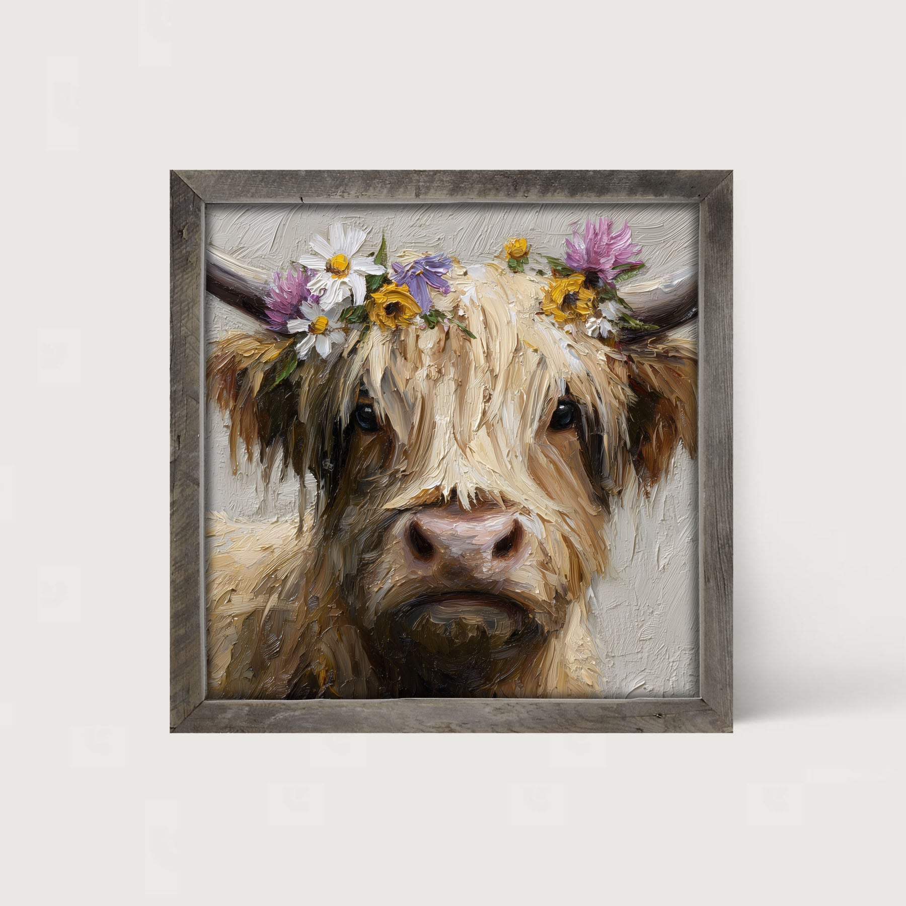 Spring Season Cow with Flowers in Hair - Framed Art