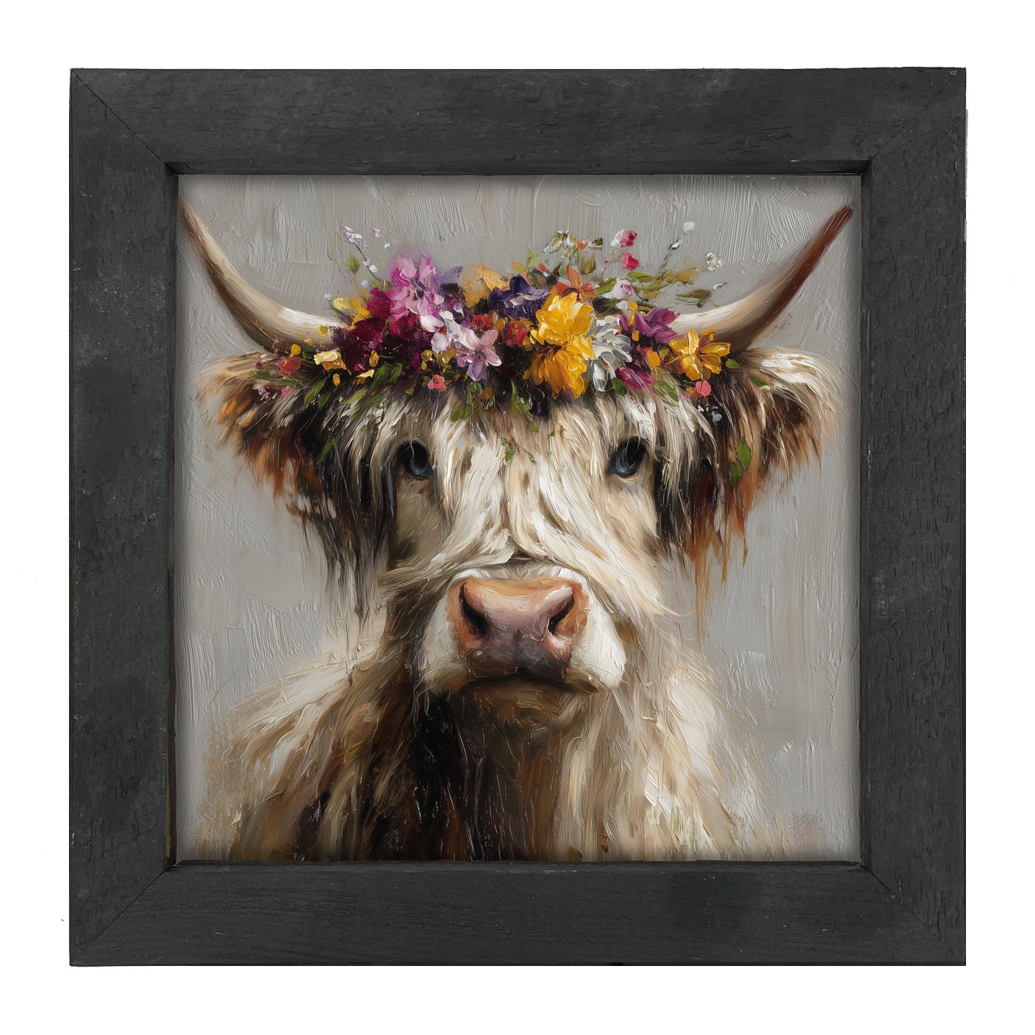 Spring Season Highland Cow with Floral Crown - Framed Art