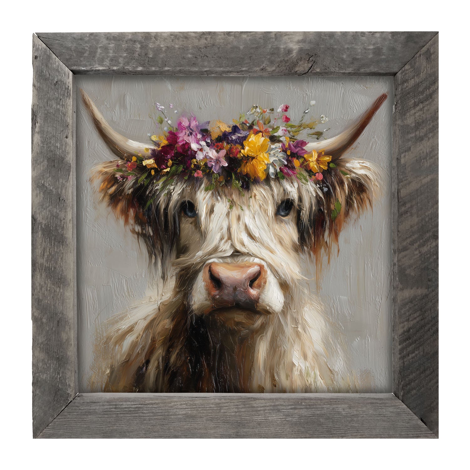 Spring Season Highland Cow with Floral Crown - Framed Art