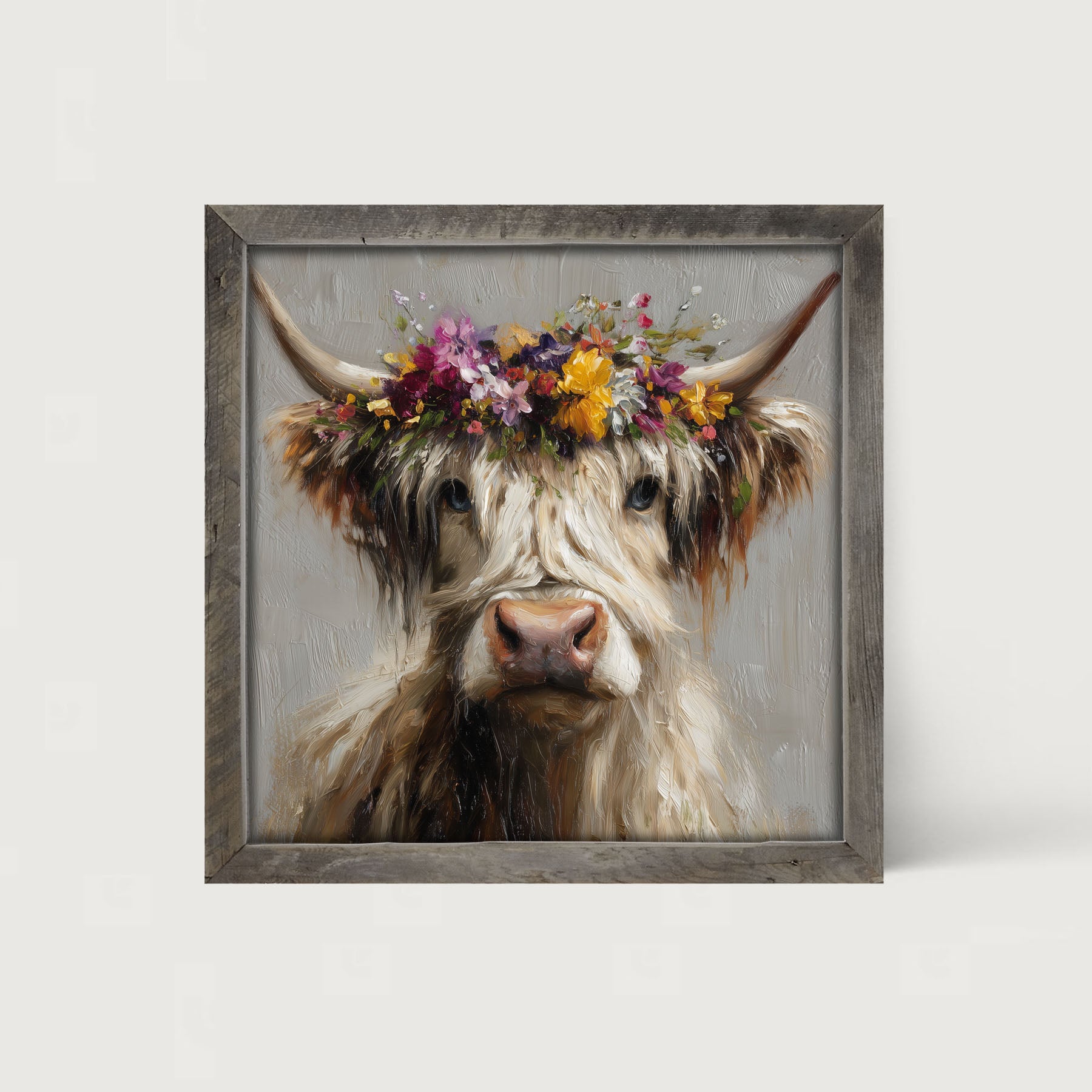 Spring Season Highland Cow with Floral Crown - Framed Art