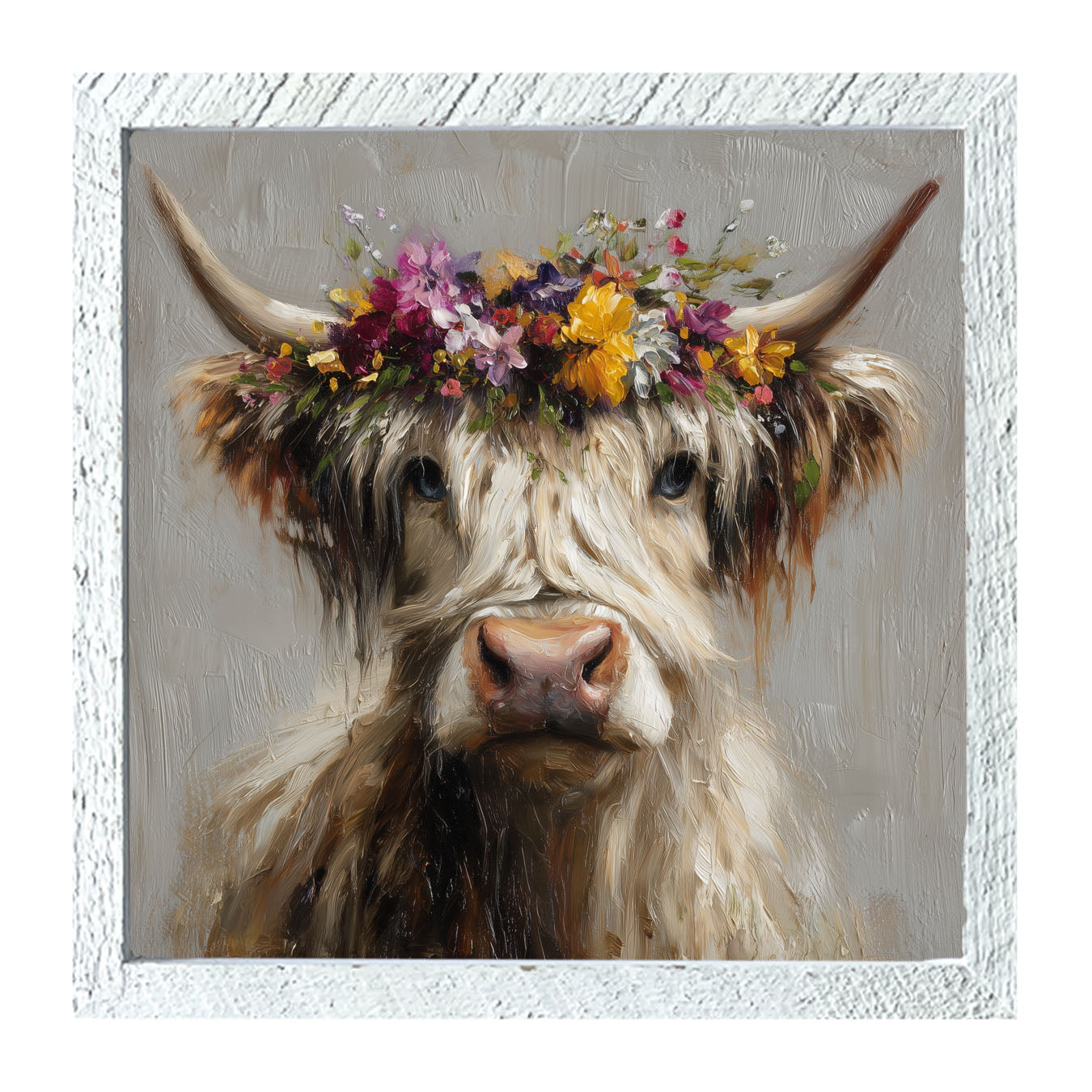 Spring Season Highland Cow with Floral Crown - Framed Art