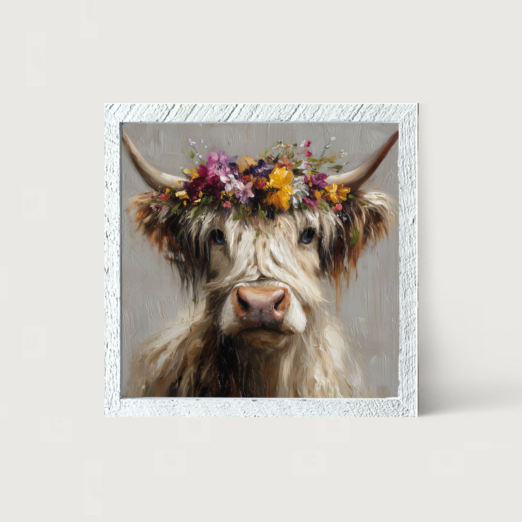 Spring Season Highland Cow with Floral Crown - Framed Art