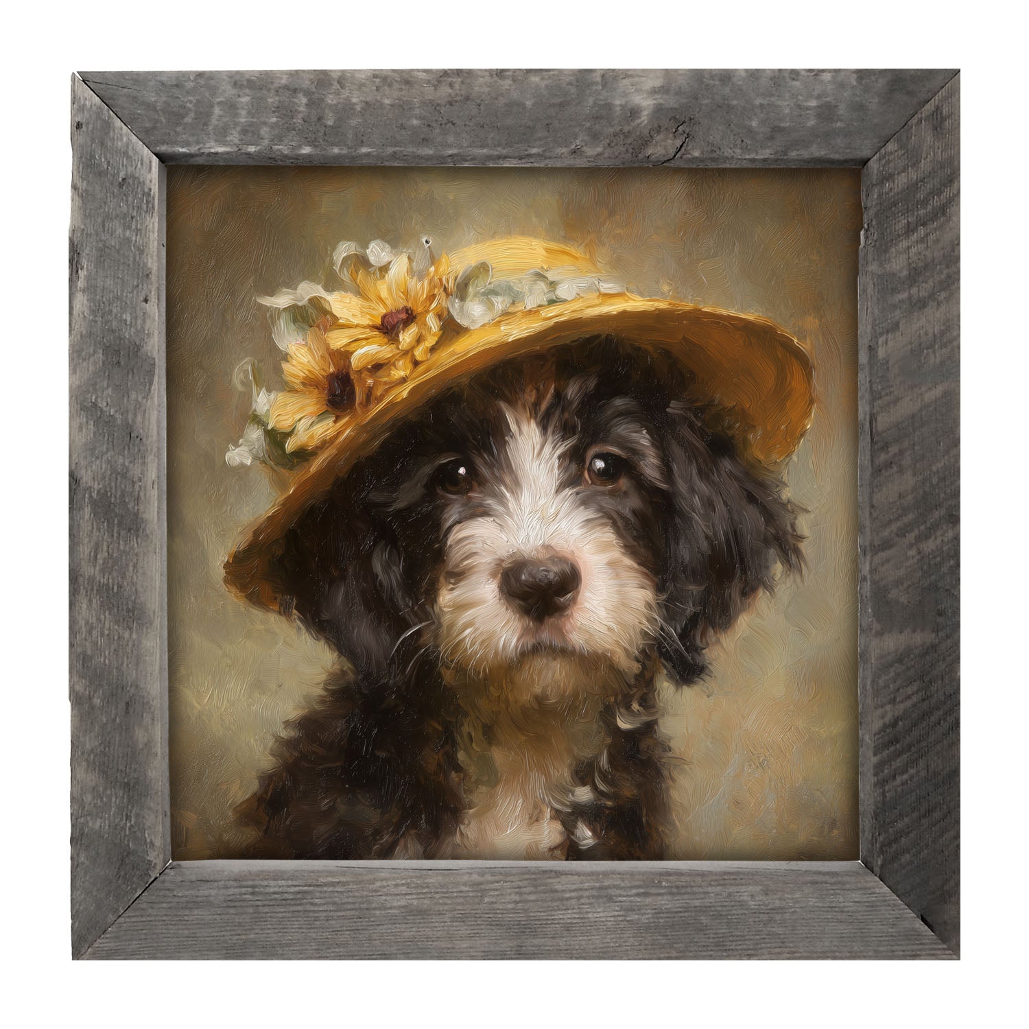Dog in Yellow Floral Hat - Framed Art