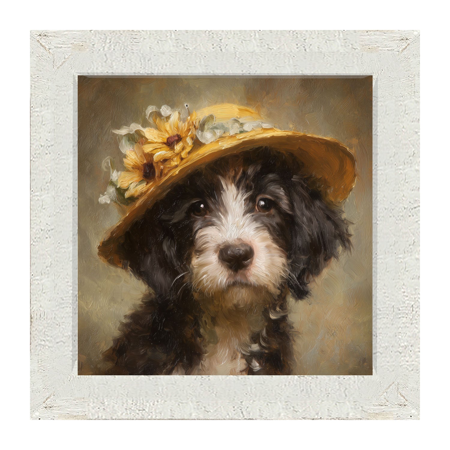 Dog in Yellow Floral Hat - Framed Art