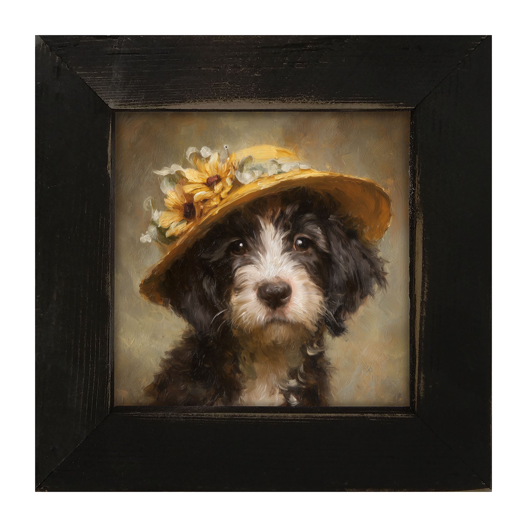 Dog in Yellow Floral Hat - Framed Art