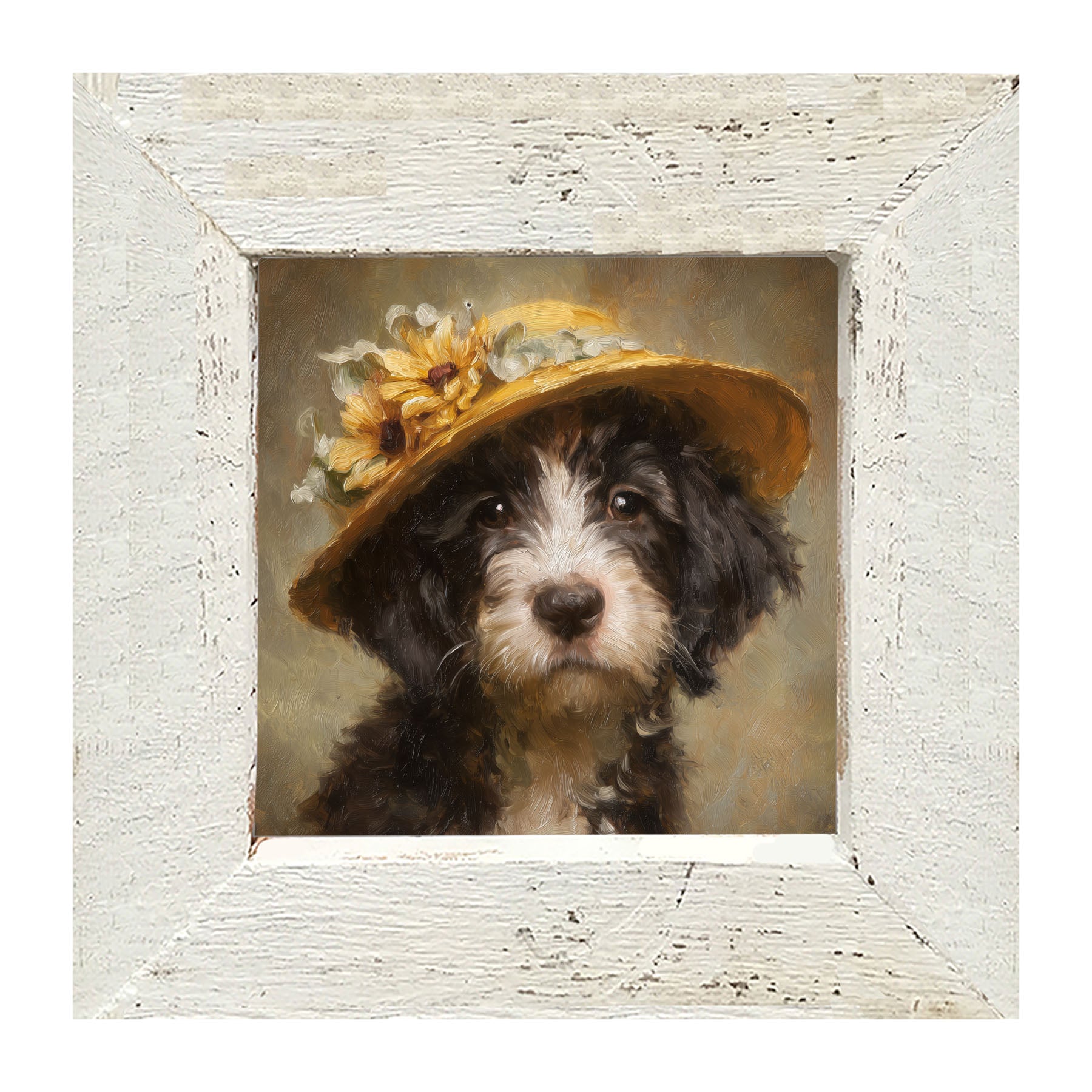 Dog in Yellow Floral Hat - Framed Art