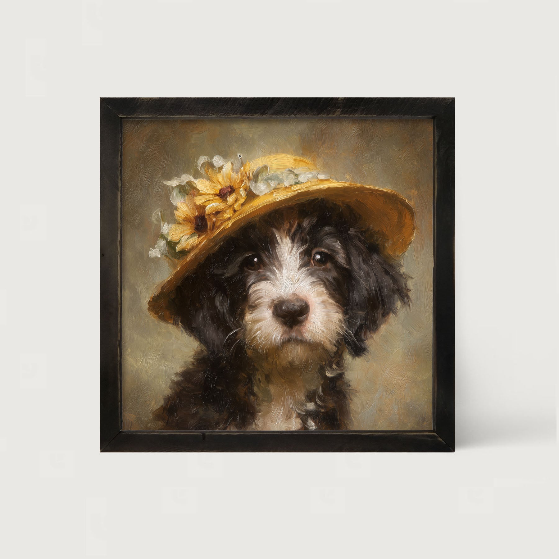 Dog in Yellow Floral Hat - Framed Art