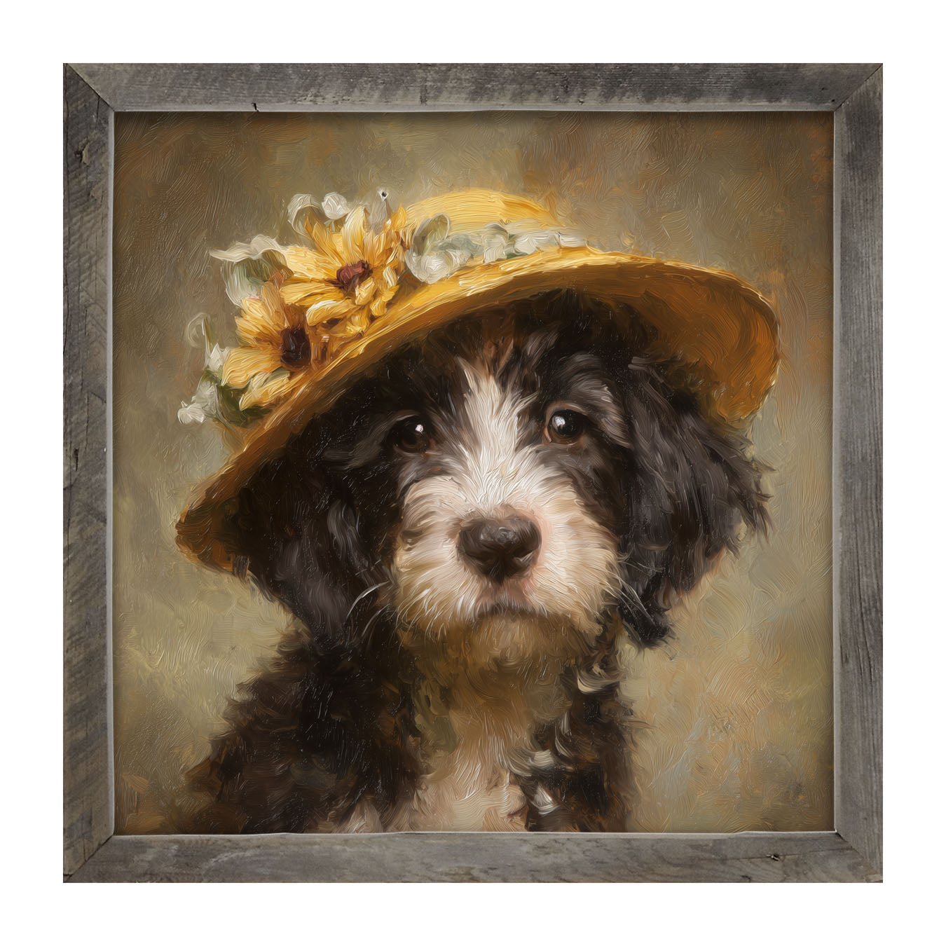 Dog in Yellow Floral Hat - Framed Art