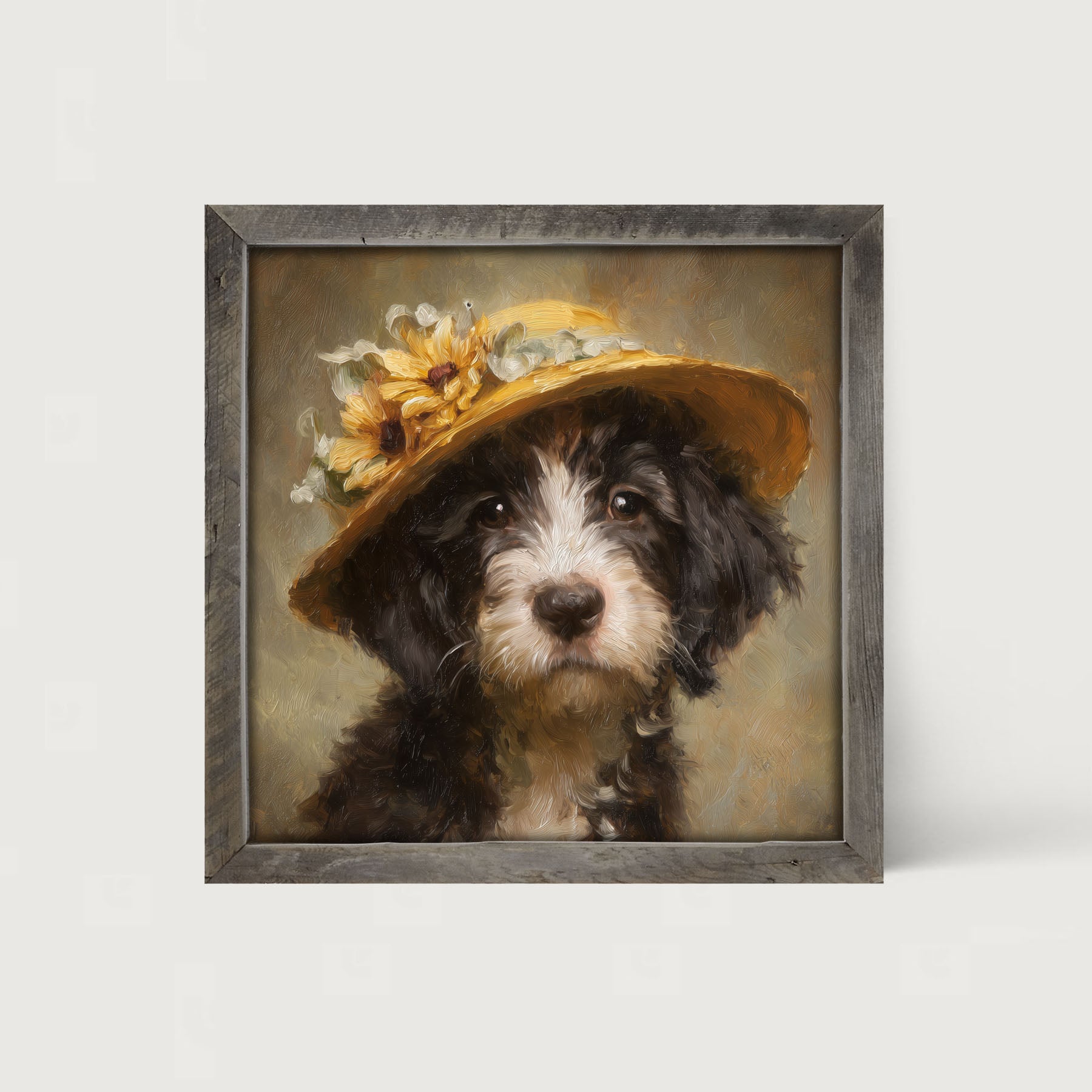 Dog in Yellow Floral Hat