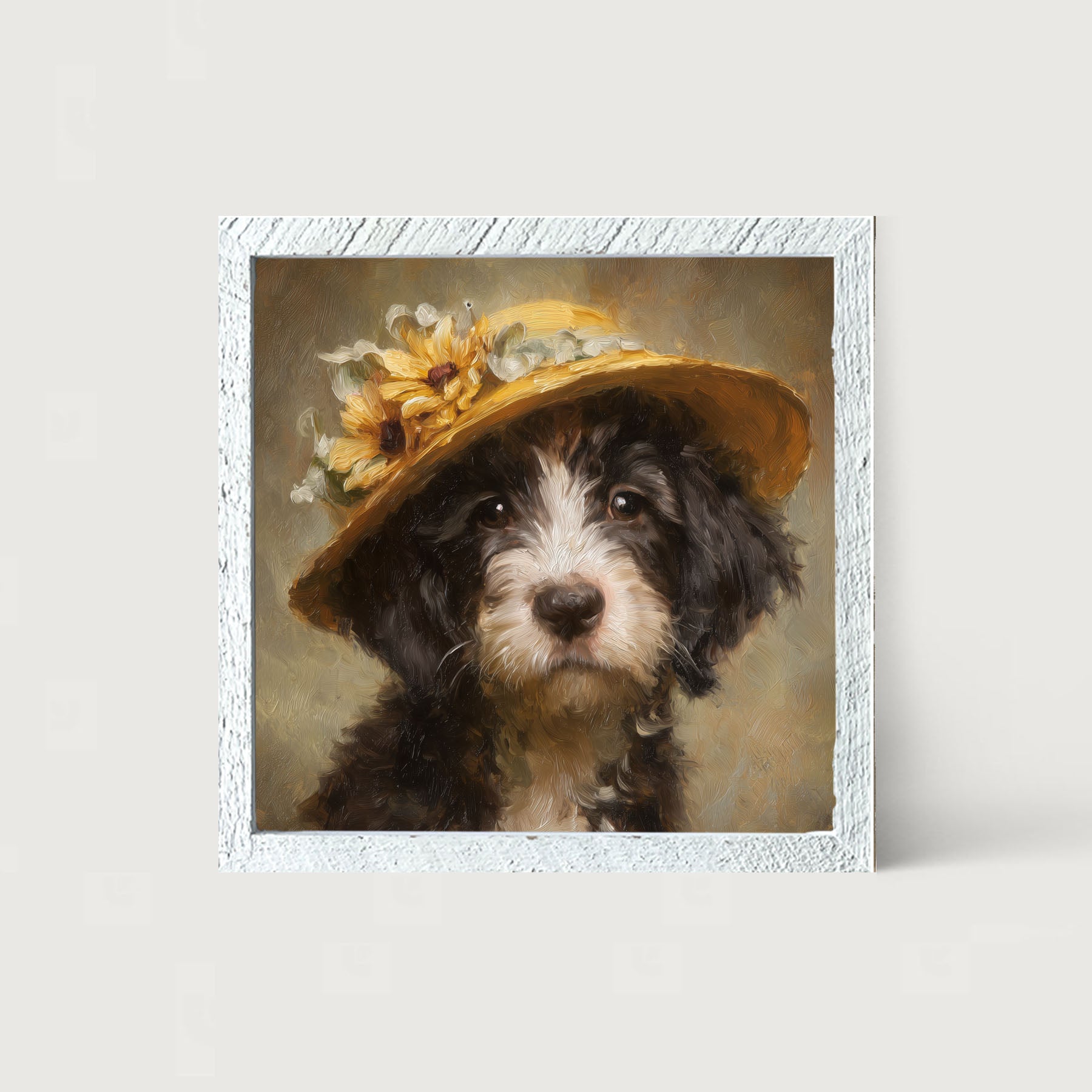 Dog in Yellow Floral Hat
