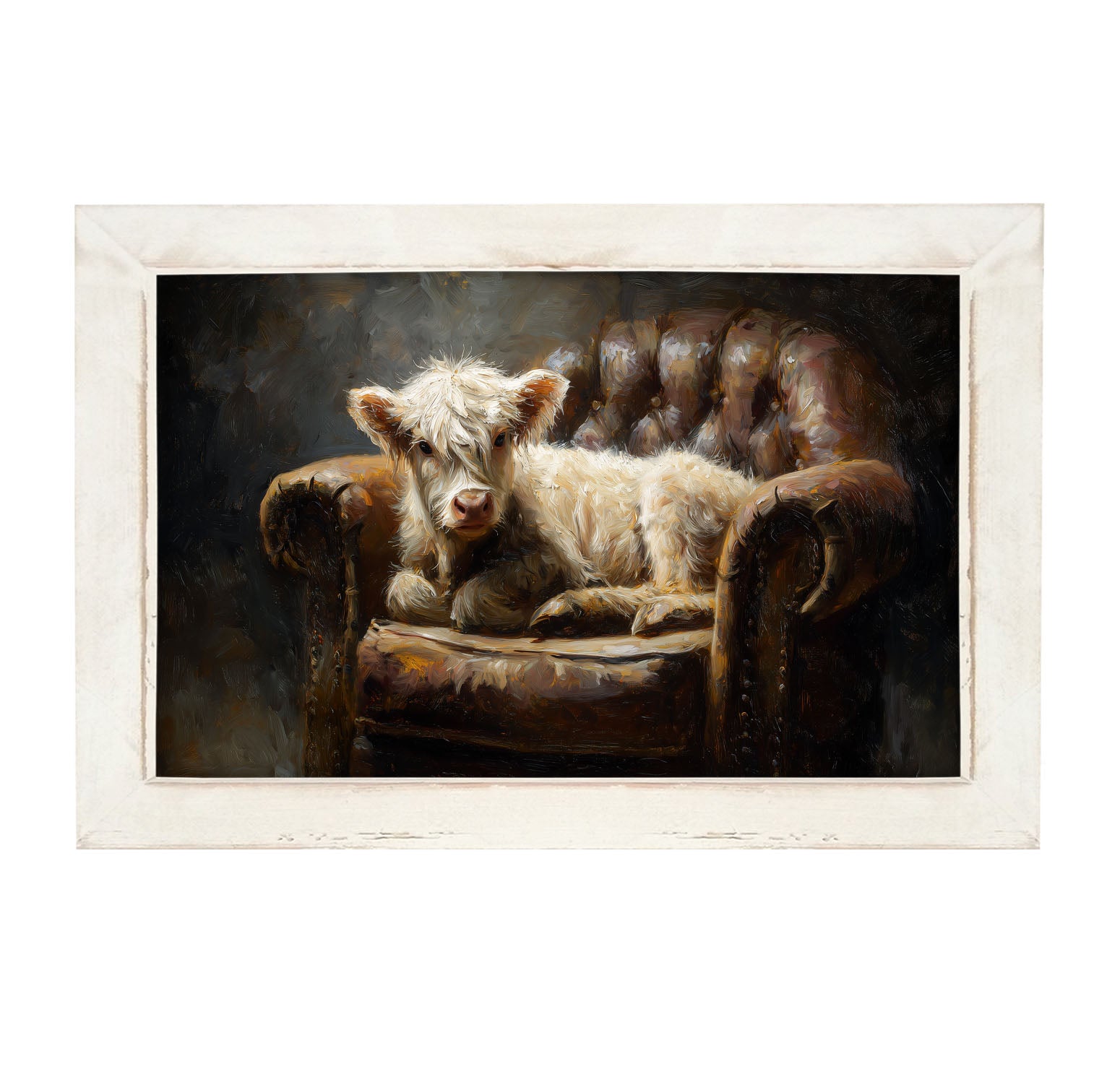 Armchair with White Highland Cow - Framed Art
