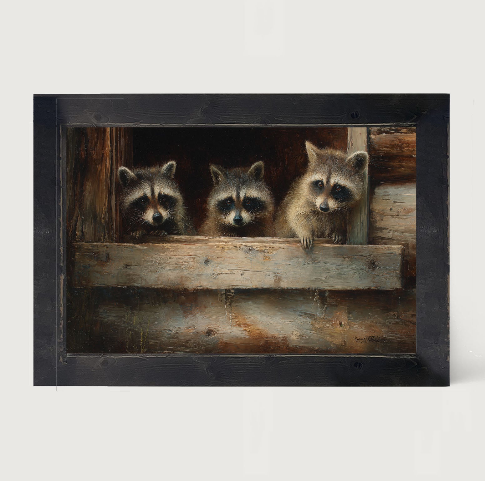 Raccoons in Barn Window - Framed Art