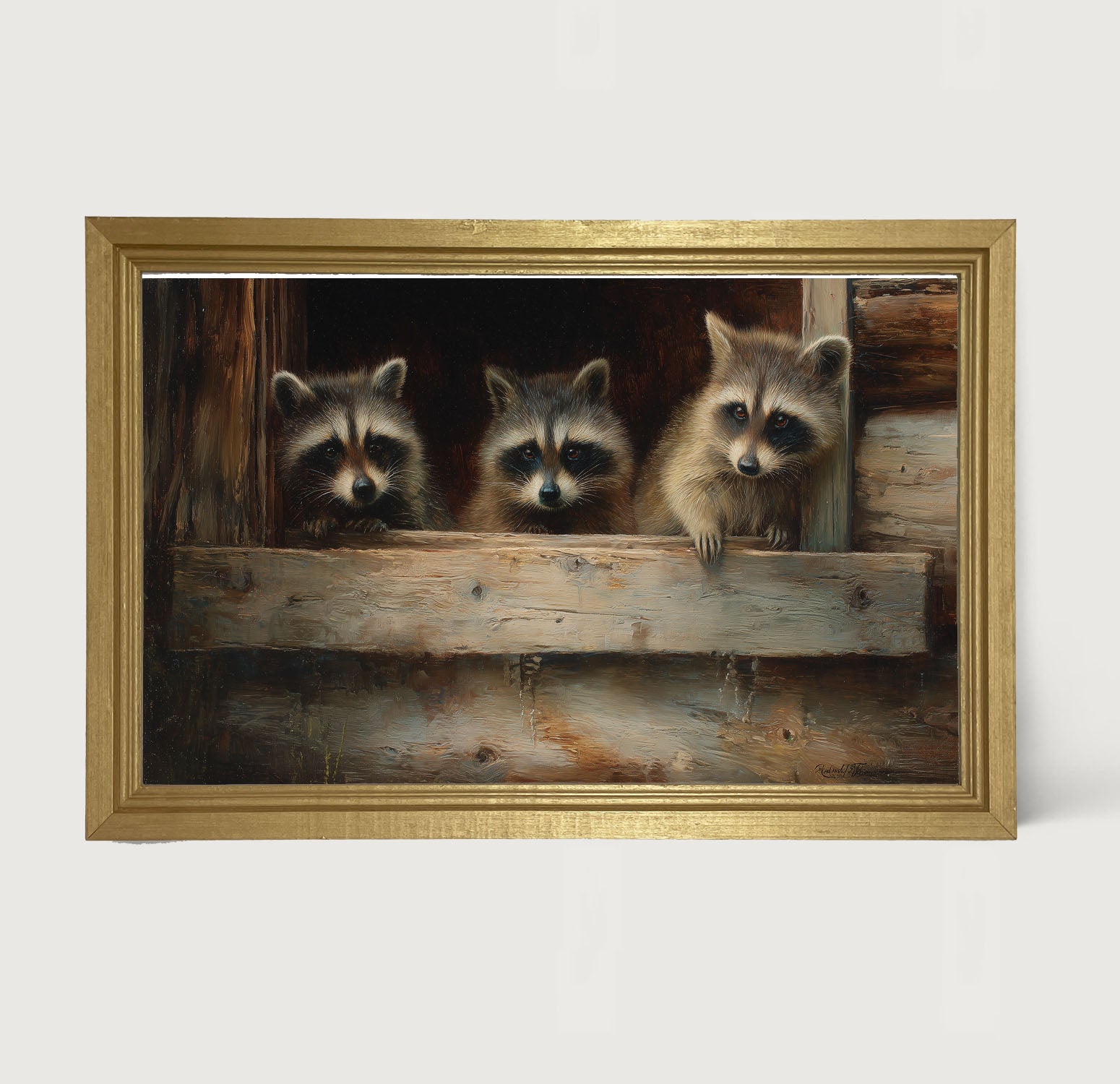 Raccoons in Barn Window - Framed Art
