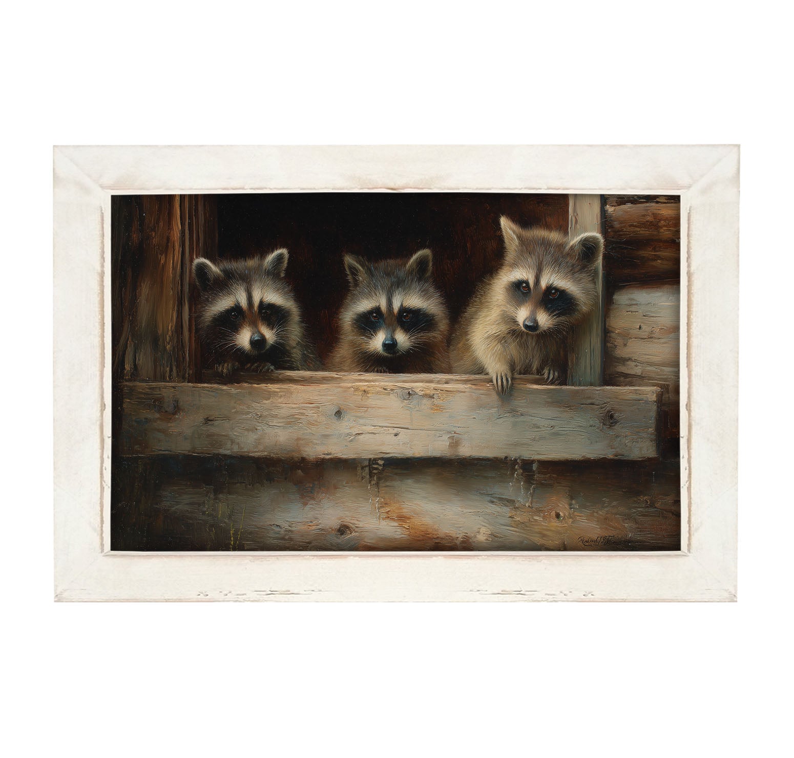 Raccoons in Barn Window - Framed Art