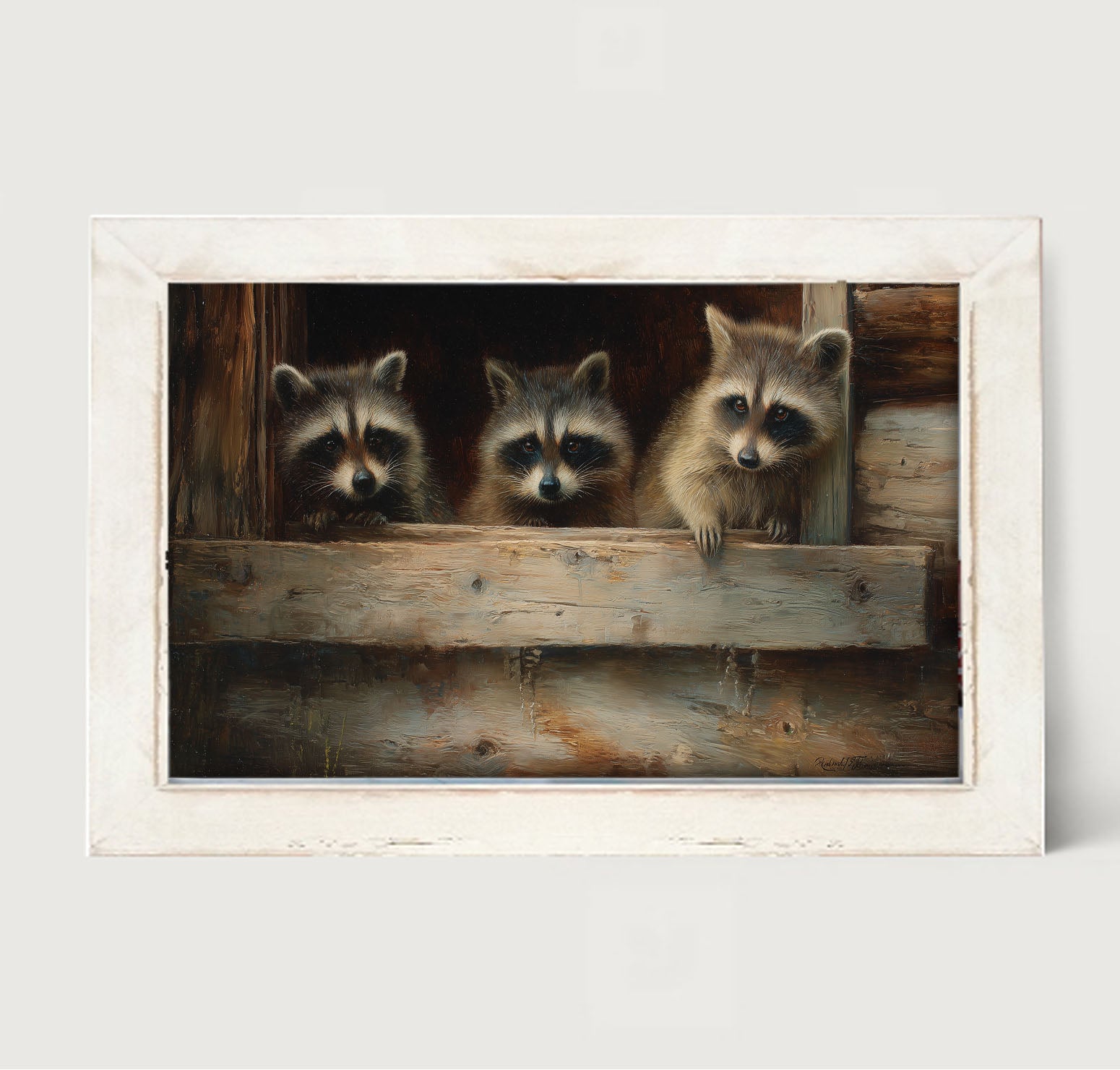 Raccoons in Barn Window - Framed Art