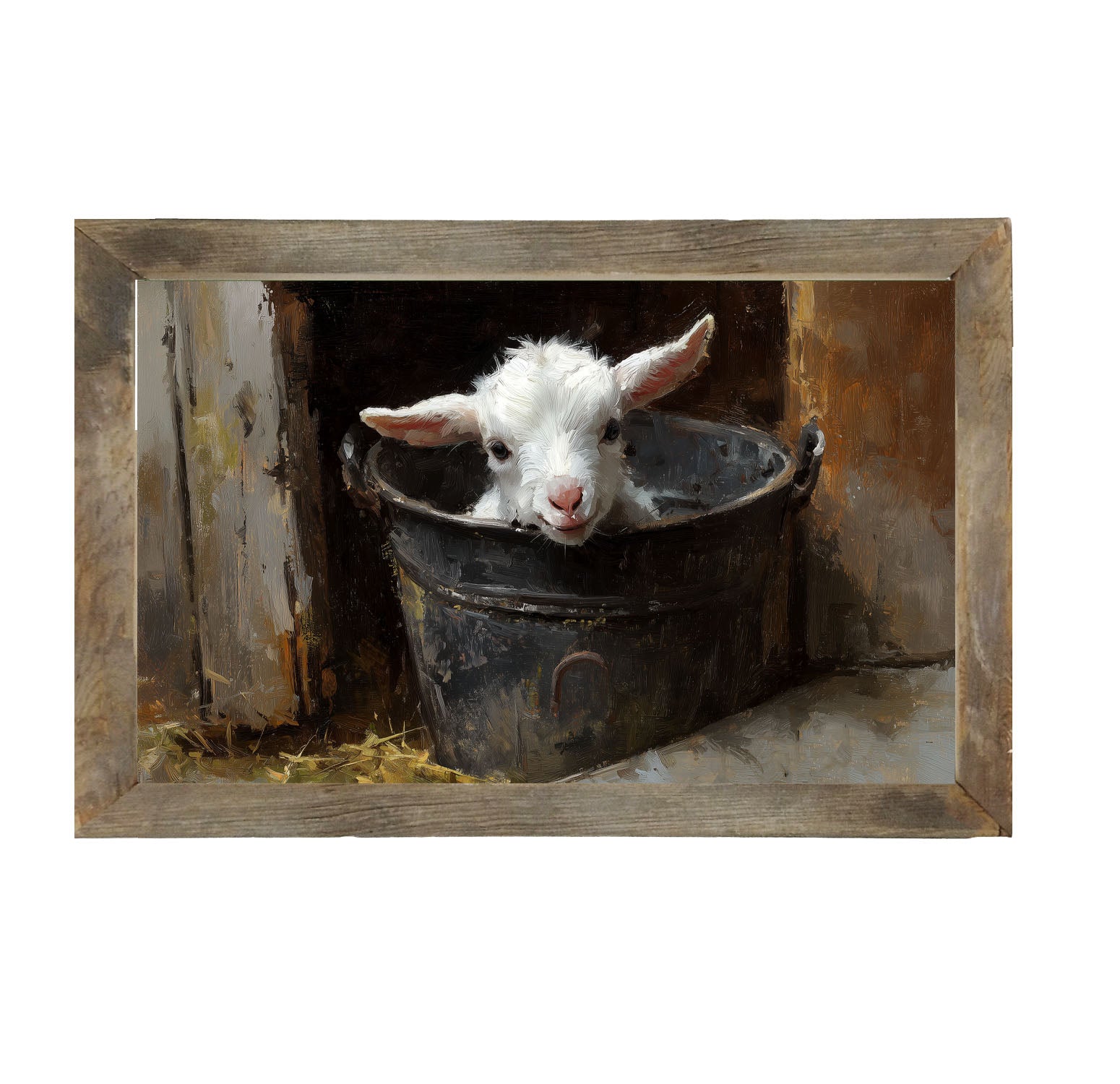Metal Bucket with Happy Lamb - Framed Art