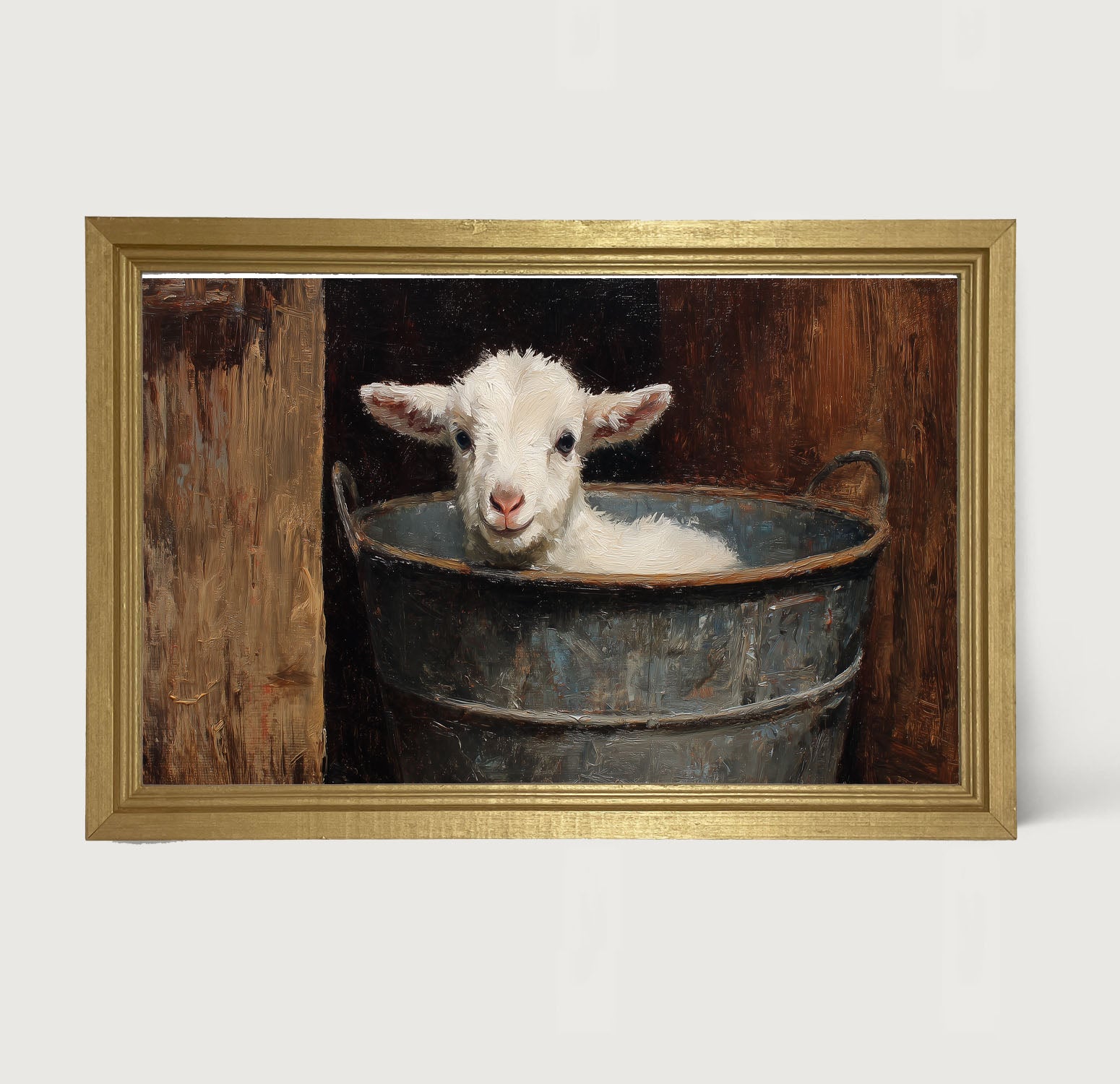 Metal Bucket with Resting Lamb