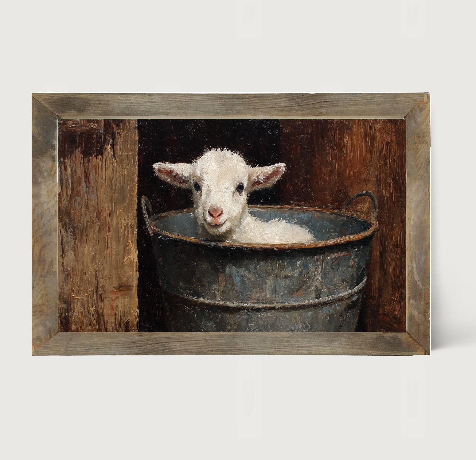 Metal Bucket with Resting Lamb