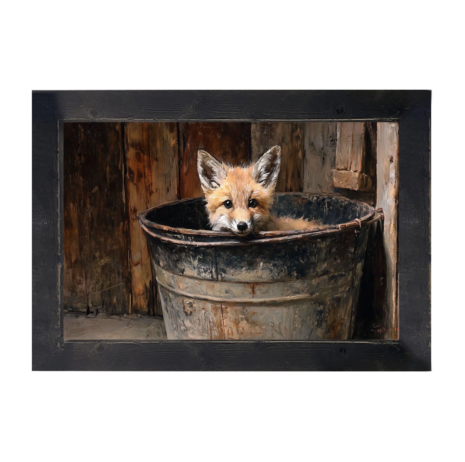 Metal Bucket with Baby Fox - Framed Art