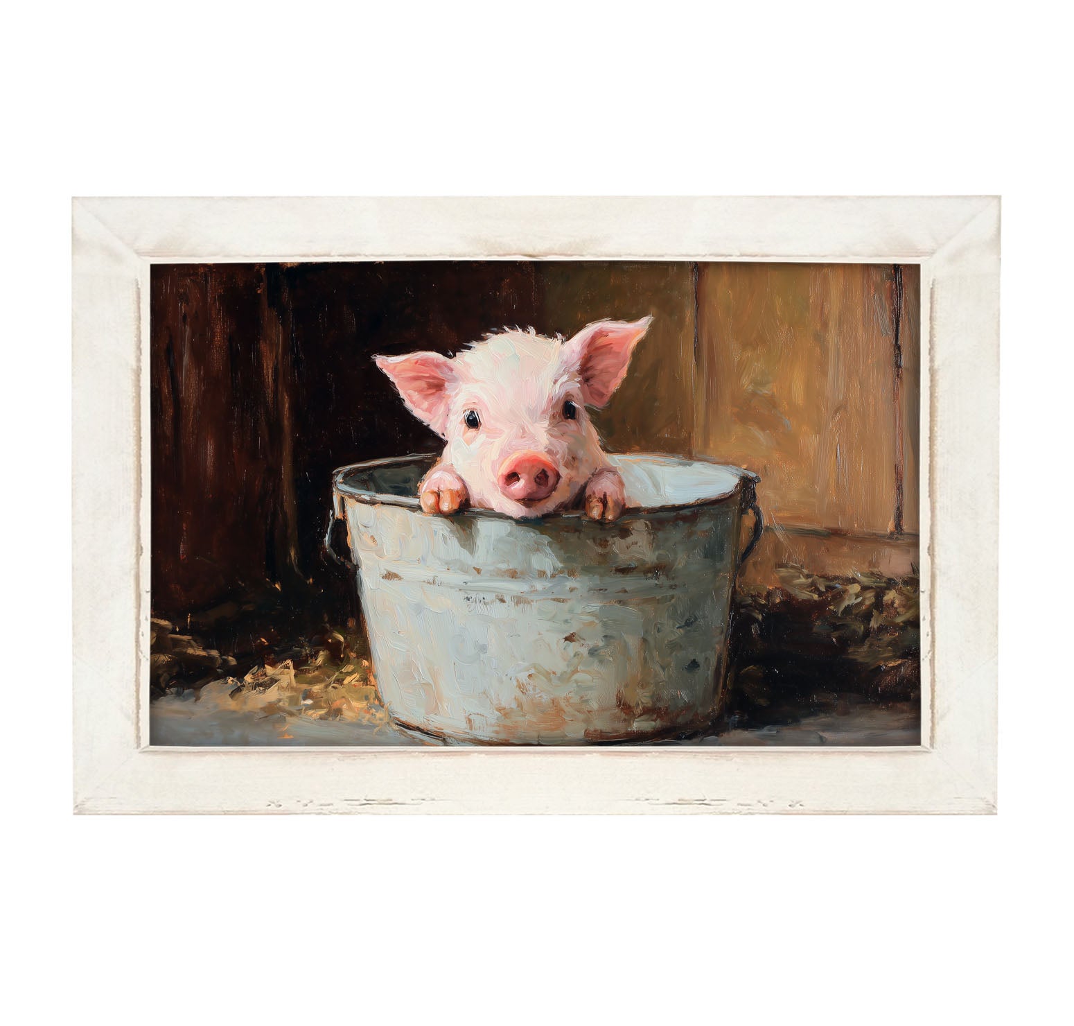 Metal Bucket with Baby Pig - Framed Art