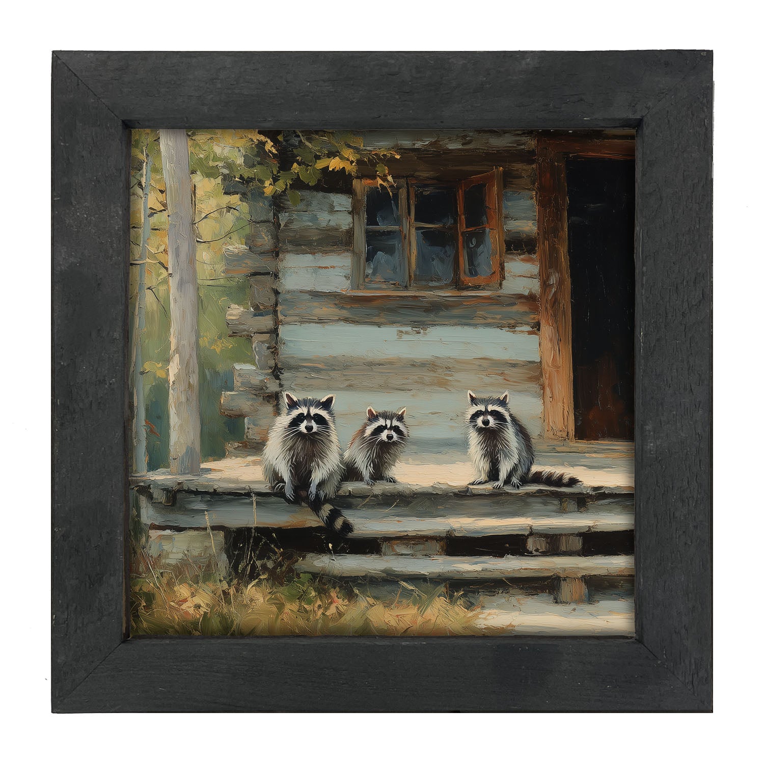 Raccoons on Cabin Porch - Framed Art
