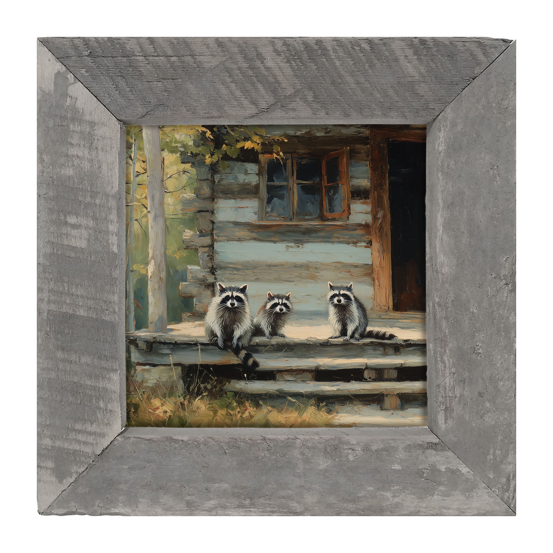 Raccoons on Cabin Porch - Framed Art