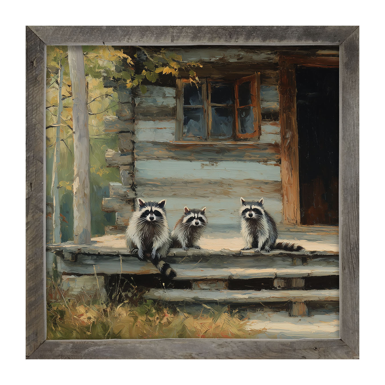 Raccoons on Cabin Porch - Framed Art