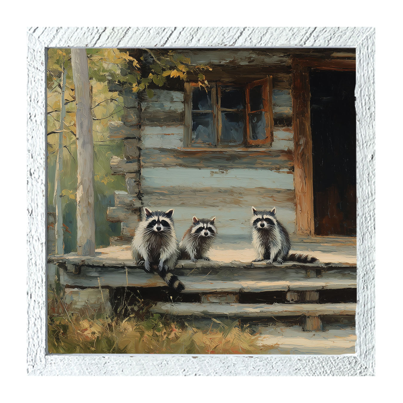 Raccoons on Cabin Porch - Framed Art
