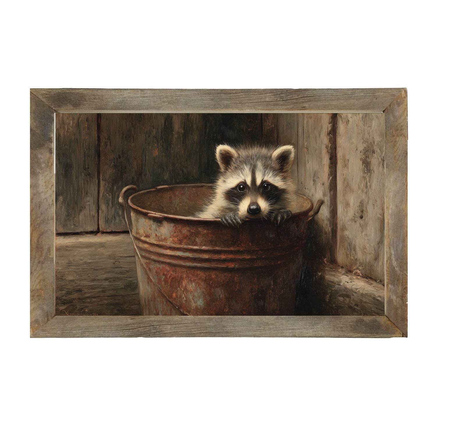 Metal Bucket with Baby Raccoon - Framed Art
