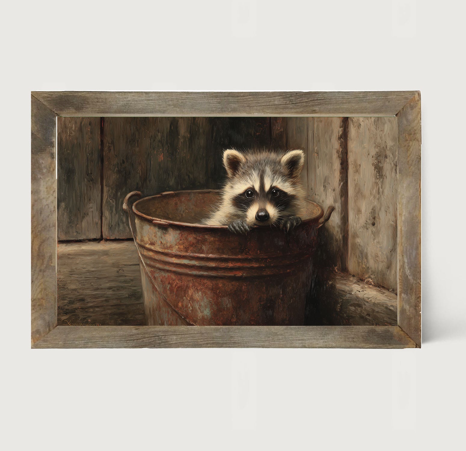 Metal Bucket with Baby Raccoon - Framed Art
