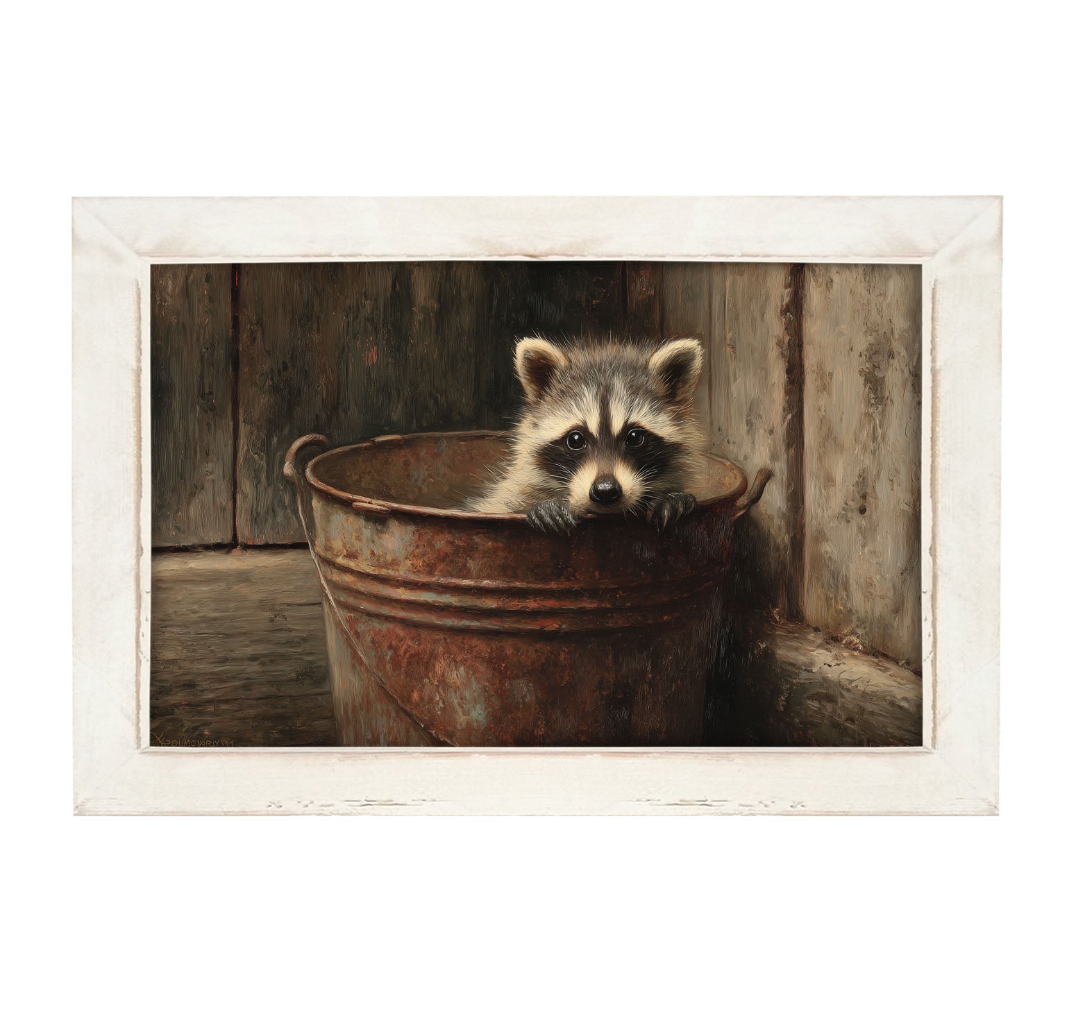 Metal Bucket with Baby Raccoon - Framed Art