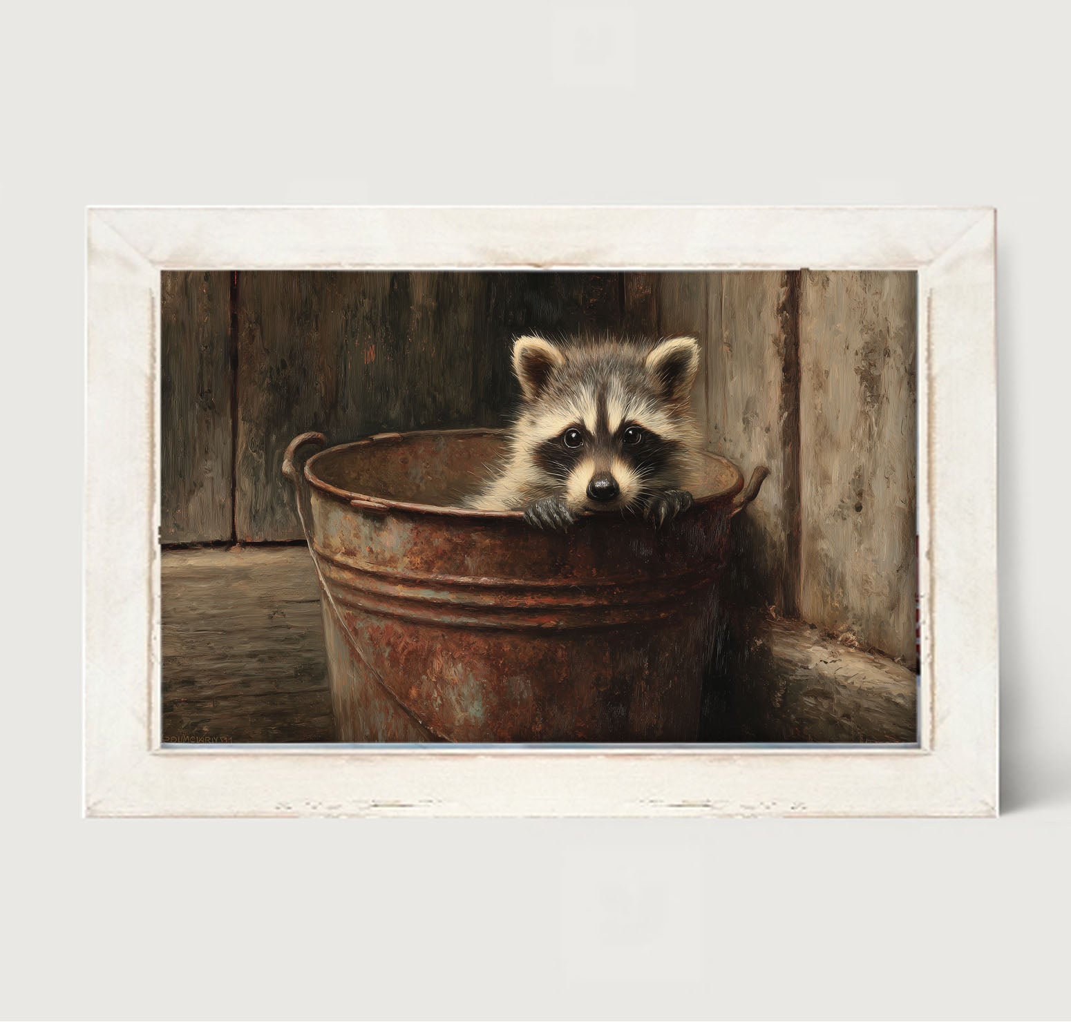 Metal Bucket with Baby Raccoon - Framed Art