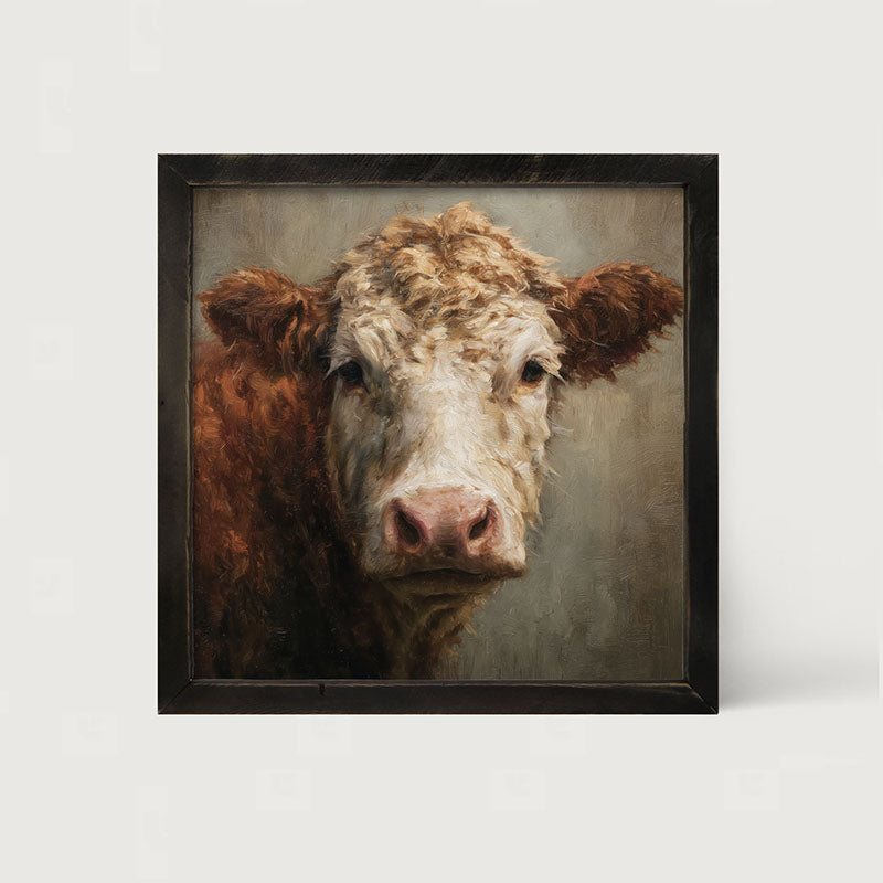 Farm Life Portrait - Brown and White Cow Close-up - Framed Art
